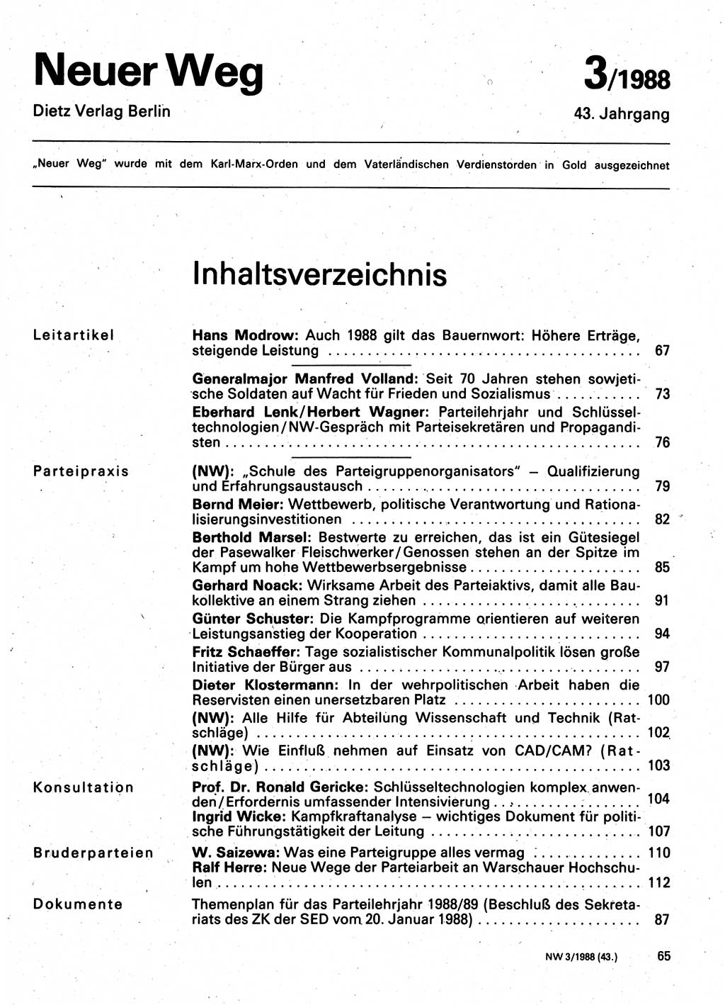 Neuer Weg (NW), Organ des Zentralkomitees (ZK) der SED (Sozialistische Einheitspartei Deutschlands) für Fragen des Parteilebens, 43. Jahrgang [Deutsche Demokratische Republik (DDR)] 1988, Seite 65 (NW ZK SED DDR 1988, S. 65)