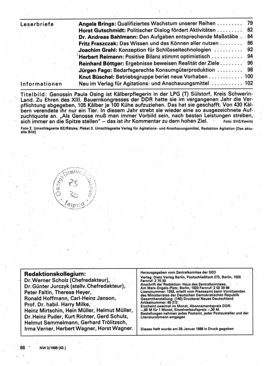 Neuer Weg (NW), Organ des Zentralkomitees (ZK) der SED (Sozialistische Einheitspartei Deutschlands) für Fragen des Parteilebens, 43. Jahrgang [Deutsche Demokratische Republik (DDR)] 1988, Seite 66 (NW ZK SED DDR 1988, S. 66)