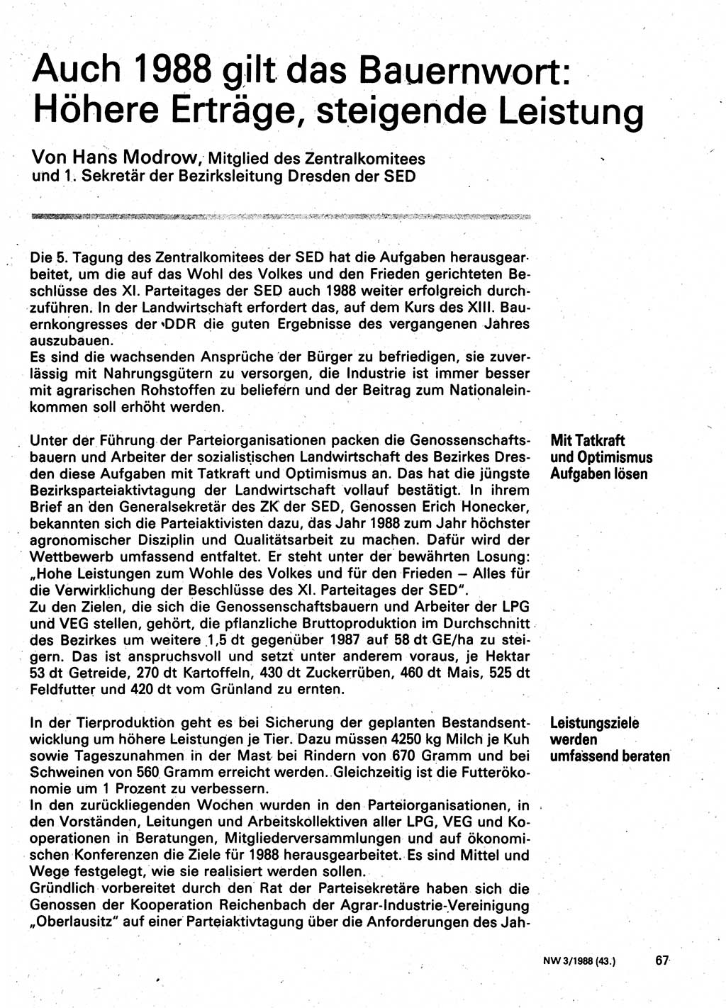Neuer Weg (NW), Organ des Zentralkomitees (ZK) der SED (Sozialistische Einheitspartei Deutschlands) für Fragen des Parteilebens, 43. Jahrgang [Deutsche Demokratische Republik (DDR)] 1988, Seite 67 (NW ZK SED DDR 1988, S. 67)