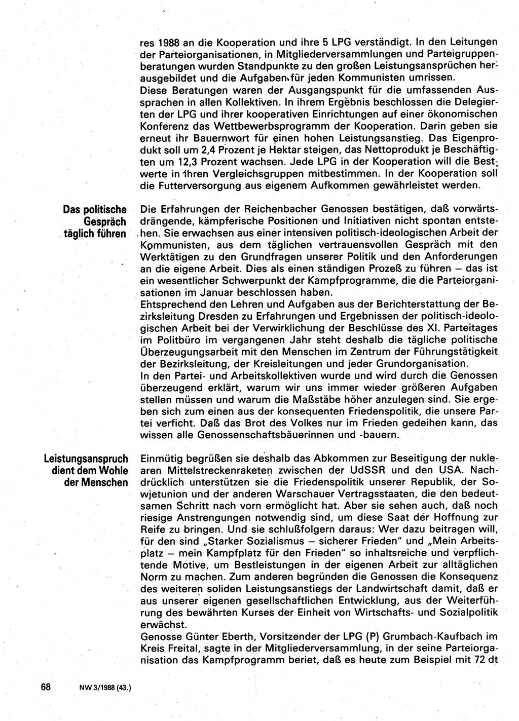 Neuer Weg (NW), Organ des Zentralkomitees (ZK) der SED (Sozialistische Einheitspartei Deutschlands) für Fragen des Parteilebens, 43. Jahrgang [Deutsche Demokratische Republik (DDR)] 1988, Seite 68 (NW ZK SED DDR 1988, S. 68)