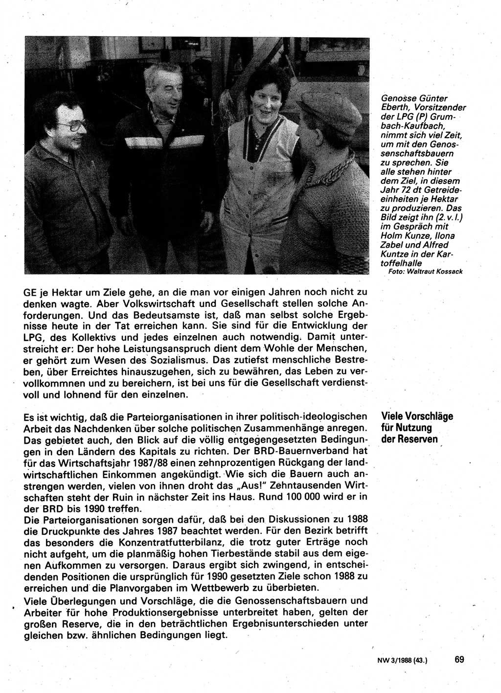 Neuer Weg (NW), Organ des Zentralkomitees (ZK) der SED (Sozialistische Einheitspartei Deutschlands) für Fragen des Parteilebens, 43. Jahrgang [Deutsche Demokratische Republik (DDR)] 1988, Seite 69 (NW ZK SED DDR 1988, S. 69)