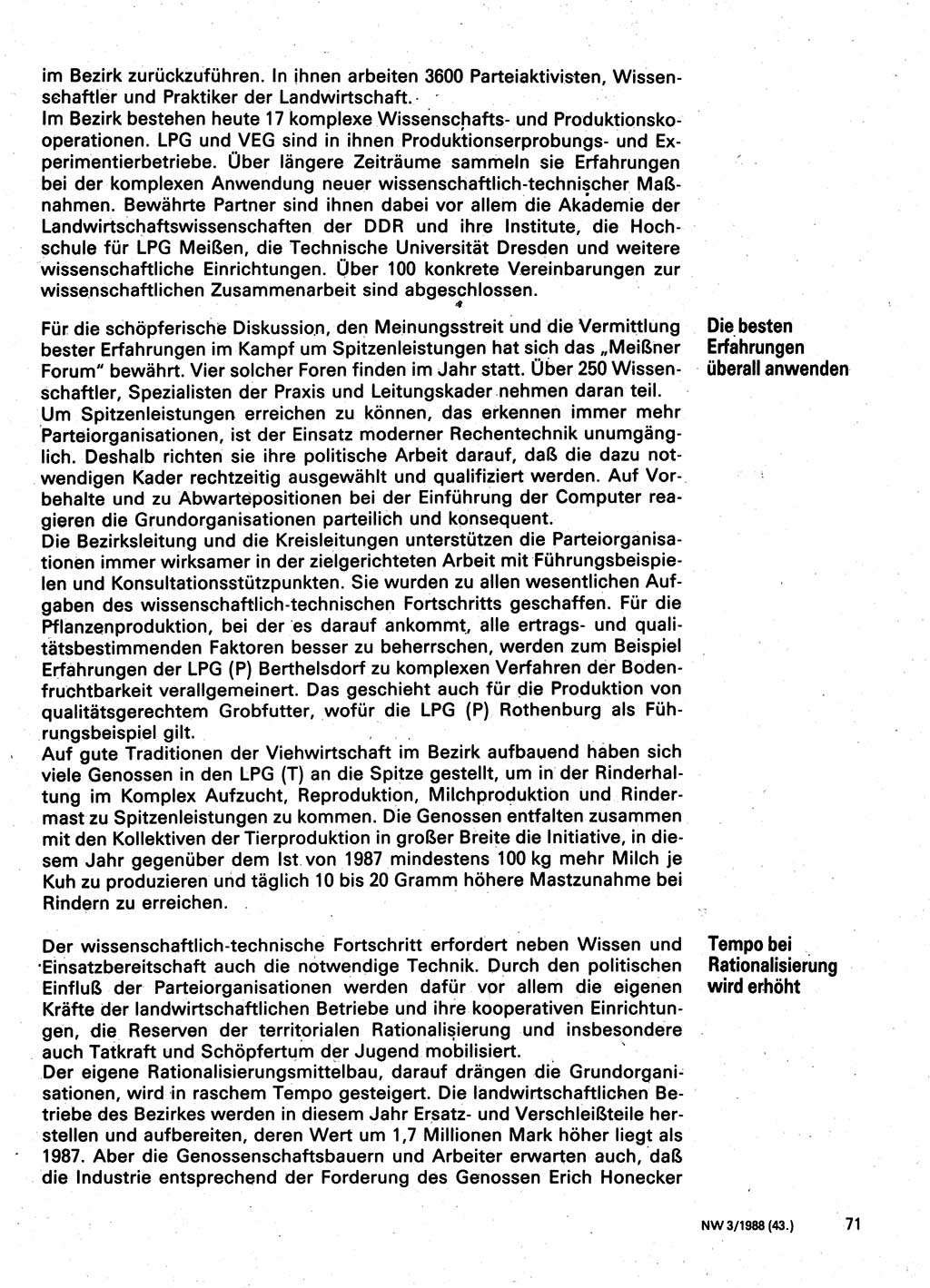 Neuer Weg (NW), Organ des Zentralkomitees (ZK) der SED (Sozialistische Einheitspartei Deutschlands) für Fragen des Parteilebens, 43. Jahrgang [Deutsche Demokratische Republik (DDR)] 1988, Seite 71 (NW ZK SED DDR 1988, S. 71)