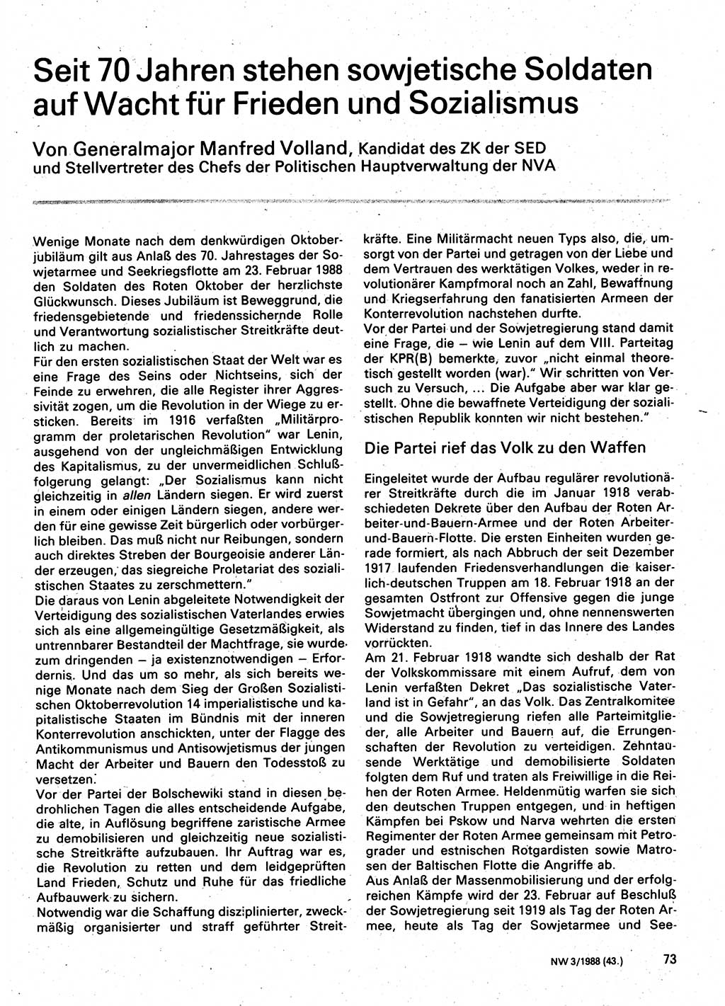 Neuer Weg (NW), Organ des Zentralkomitees (ZK) der SED (Sozialistische Einheitspartei Deutschlands) für Fragen des Parteilebens, 43. Jahrgang [Deutsche Demokratische Republik (DDR)] 1988, Seite 73 (NW ZK SED DDR 1988, S. 73)