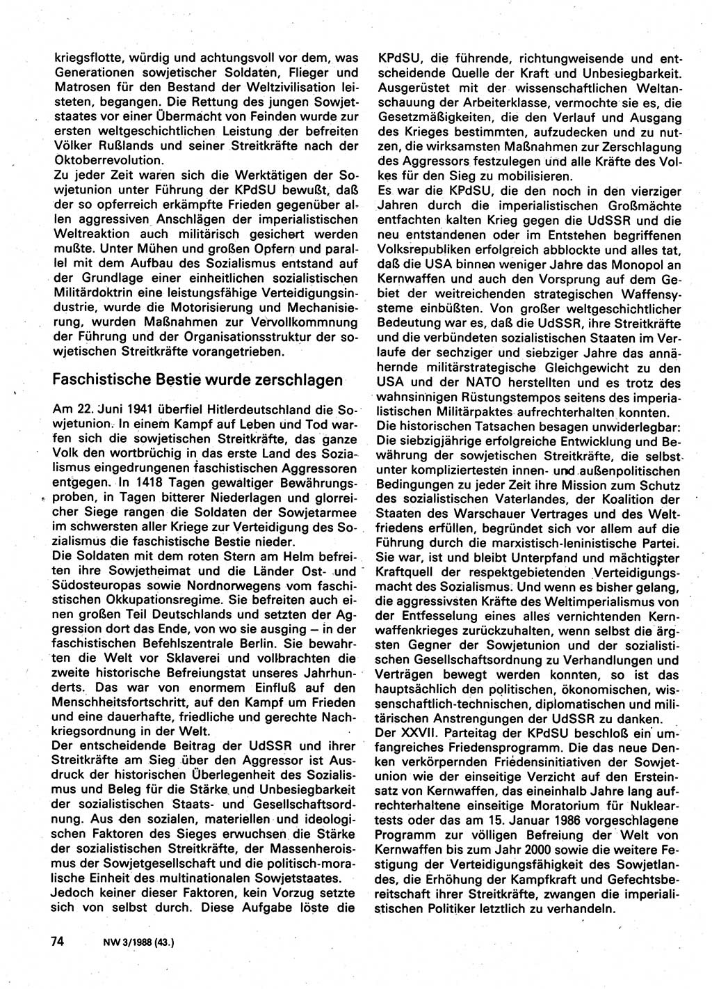 Neuer Weg (NW), Organ des Zentralkomitees (ZK) der SED (Sozialistische Einheitspartei Deutschlands) für Fragen des Parteilebens, 43. Jahrgang [Deutsche Demokratische Republik (DDR)] 1988, Seite 74 (NW ZK SED DDR 1988, S. 74)