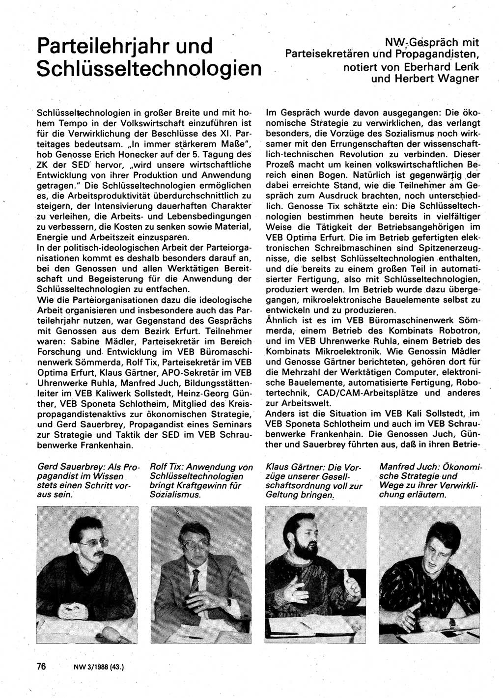 Neuer Weg (NW), Organ des Zentralkomitees (ZK) der SED (Sozialistische Einheitspartei Deutschlands) für Fragen des Parteilebens, 43. Jahrgang [Deutsche Demokratische Republik (DDR)] 1988, Seite 76 (NW ZK SED DDR 1988, S. 76)