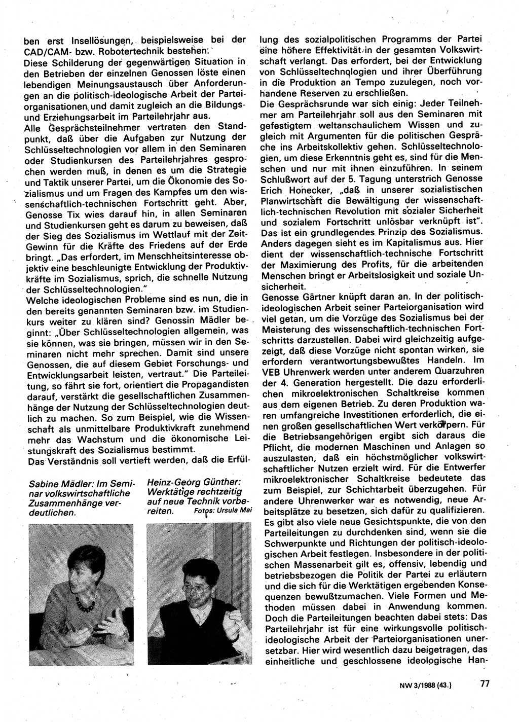 Neuer Weg (NW), Organ des Zentralkomitees (ZK) der SED (Sozialistische Einheitspartei Deutschlands) für Fragen des Parteilebens, 43. Jahrgang [Deutsche Demokratische Republik (DDR)] 1988, Seite 77 (NW ZK SED DDR 1988, S. 77)