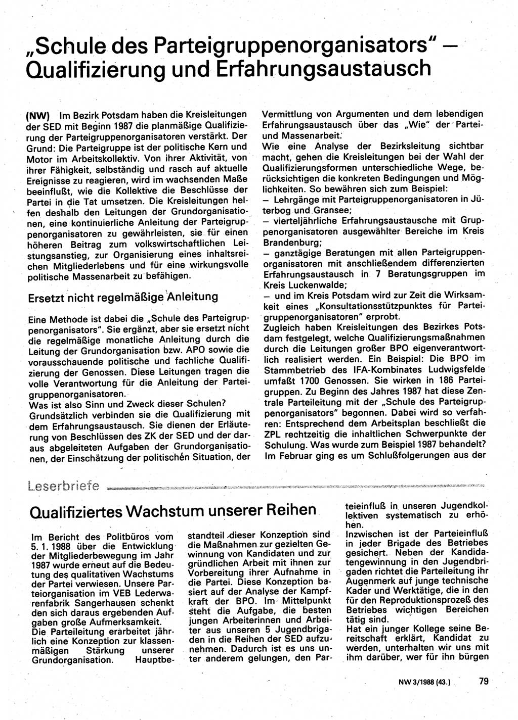 Neuer Weg (NW), Organ des Zentralkomitees (ZK) der SED (Sozialistische Einheitspartei Deutschlands) für Fragen des Parteilebens, 43. Jahrgang [Deutsche Demokratische Republik (DDR)] 1988, Seite 79 (NW ZK SED DDR 1988, S. 79)