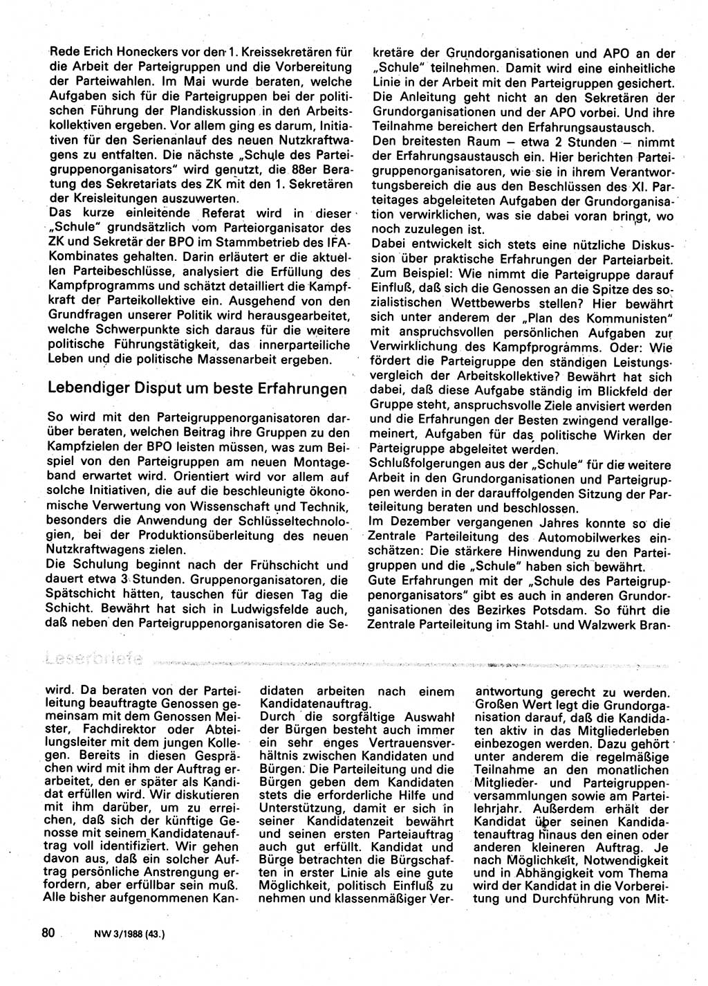 Neuer Weg (NW), Organ des Zentralkomitees (ZK) der SED (Sozialistische Einheitspartei Deutschlands) für Fragen des Parteilebens, 43. Jahrgang [Deutsche Demokratische Republik (DDR)] 1988, Seite 80 (NW ZK SED DDR 1988, S. 80)