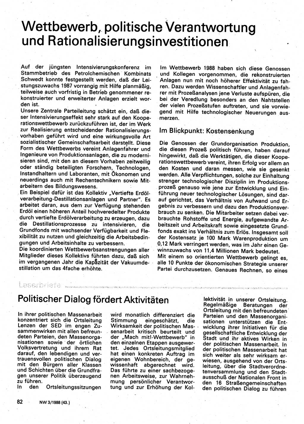 Neuer Weg (NW), Organ des Zentralkomitees (ZK) der SED (Sozialistische Einheitspartei Deutschlands) für Fragen des Parteilebens, 43. Jahrgang [Deutsche Demokratische Republik (DDR)] 1988, Seite 82 (NW ZK SED DDR 1988, S. 82)