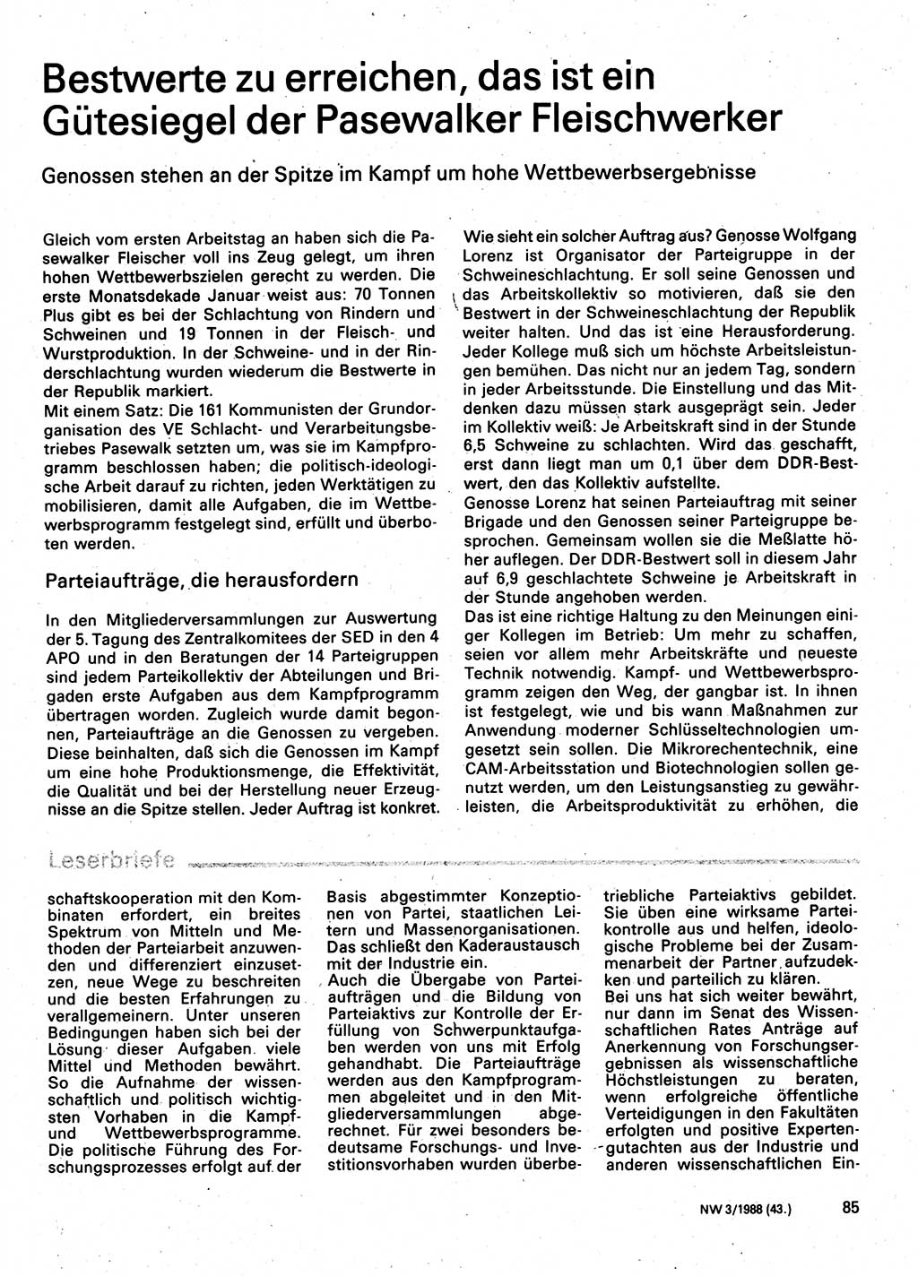 Neuer Weg (NW), Organ des Zentralkomitees (ZK) der SED (Sozialistische Einheitspartei Deutschlands) für Fragen des Parteilebens, 43. Jahrgang [Deutsche Demokratische Republik (DDR)] 1988, Seite 85 (NW ZK SED DDR 1988, S. 85)