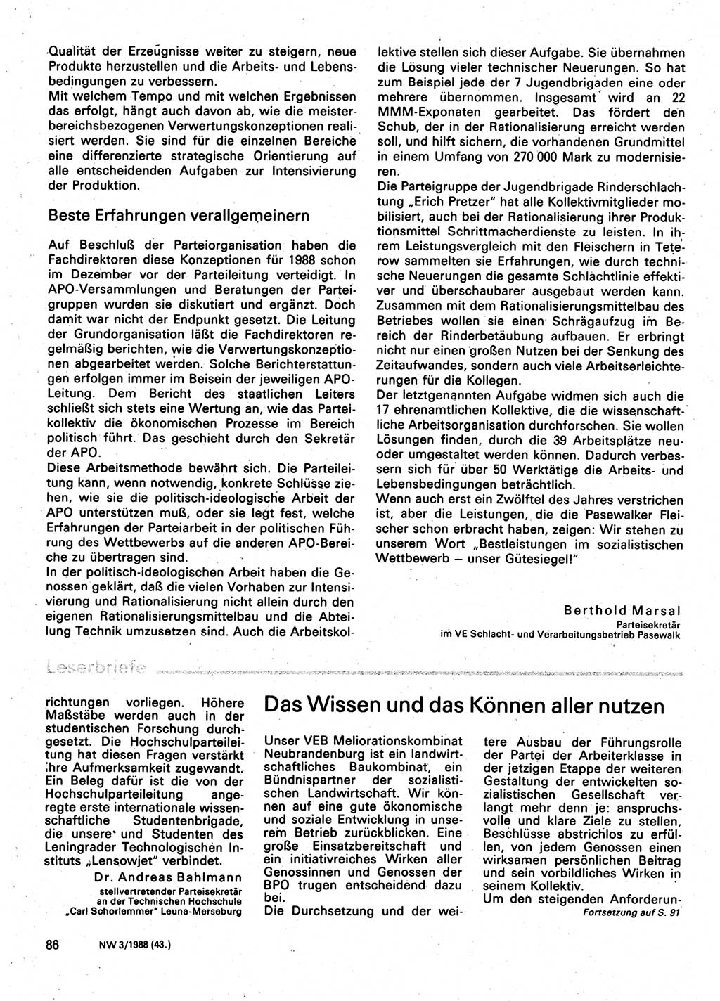 Neuer Weg (NW), Organ des Zentralkomitees (ZK) der SED (Sozialistische Einheitspartei Deutschlands) fÃ¼r Fragen des Parteilebens, 43. Jahrgang [Deutsche Demokratische Republik (DDR)] 1988, Seite 86 (NW ZK SED DDR 1988, S. 86)