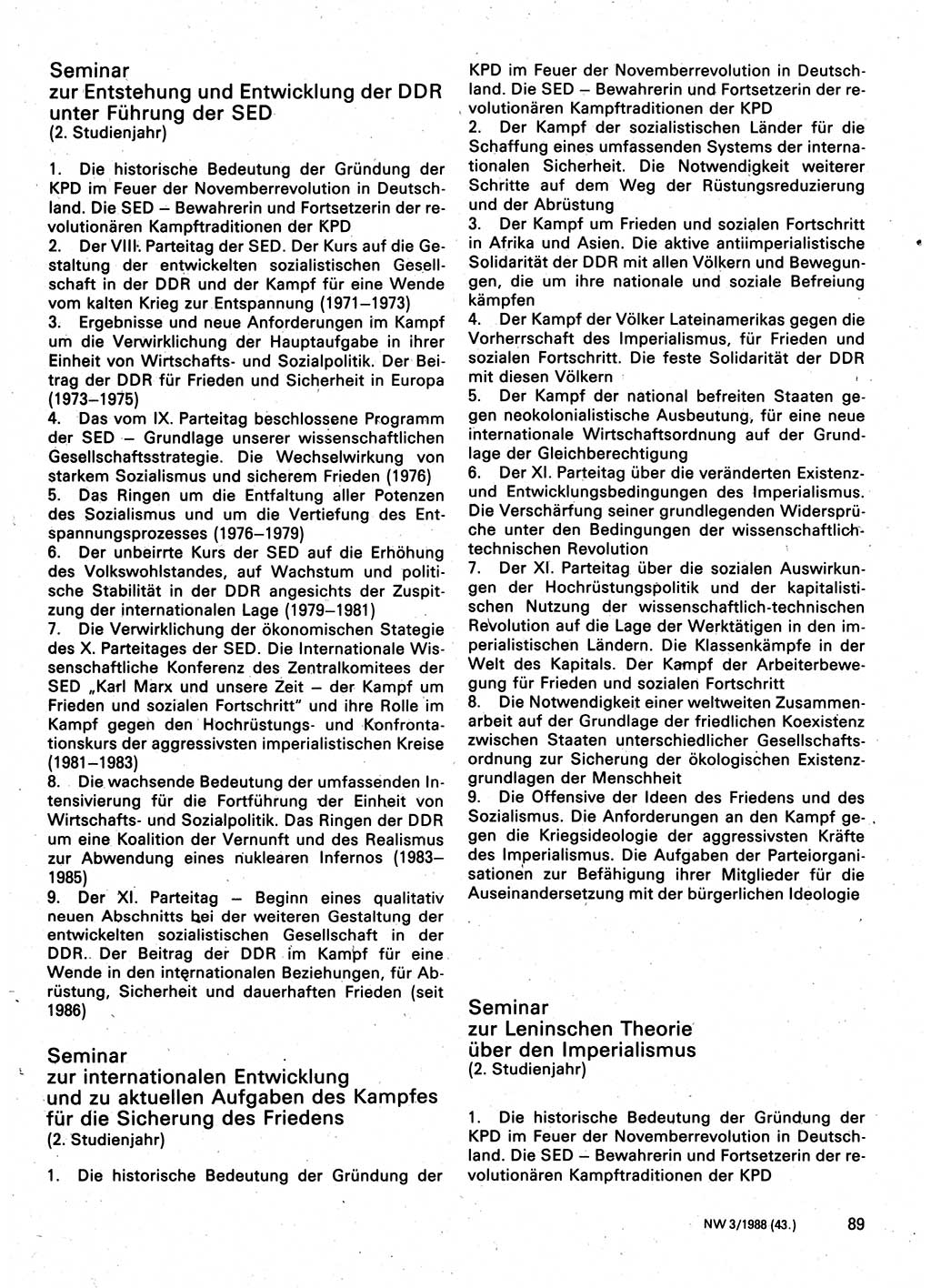 Neuer Weg (NW), Organ des Zentralkomitees (ZK) der SED (Sozialistische Einheitspartei Deutschlands) für Fragen des Parteilebens, 43. Jahrgang [Deutsche Demokratische Republik (DDR)] 1988, Seite 89 (NW ZK SED DDR 1988, S. 89)