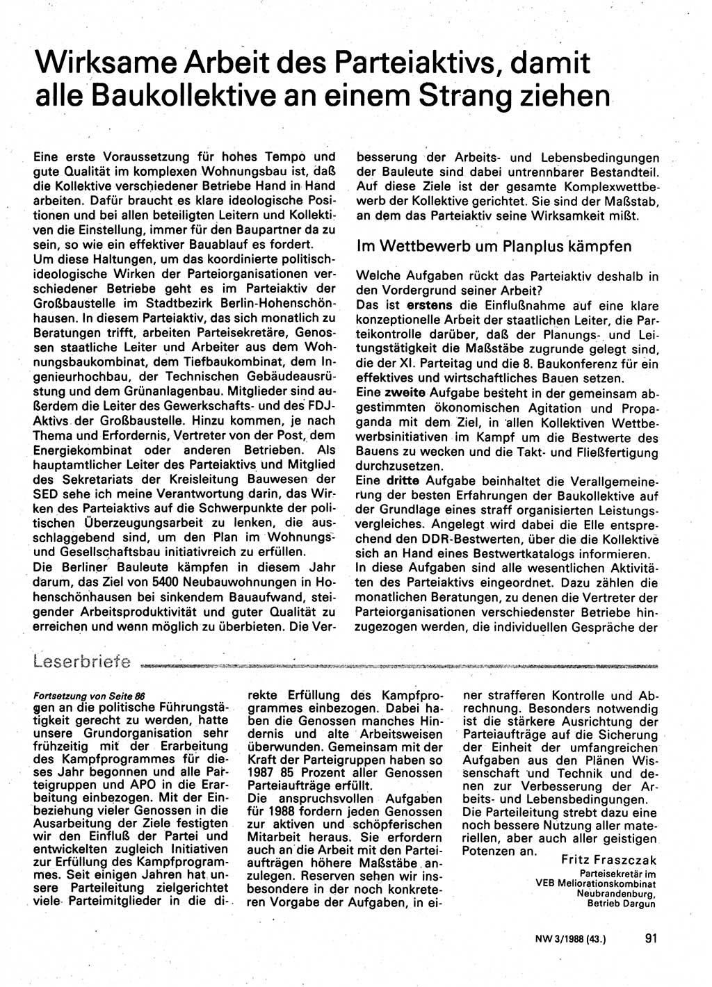 Neuer Weg (NW), Organ des Zentralkomitees (ZK) der SED (Sozialistische Einheitspartei Deutschlands) für Fragen des Parteilebens, 43. Jahrgang [Deutsche Demokratische Republik (DDR)] 1988, Seite 91 (NW ZK SED DDR 1988, S. 91)