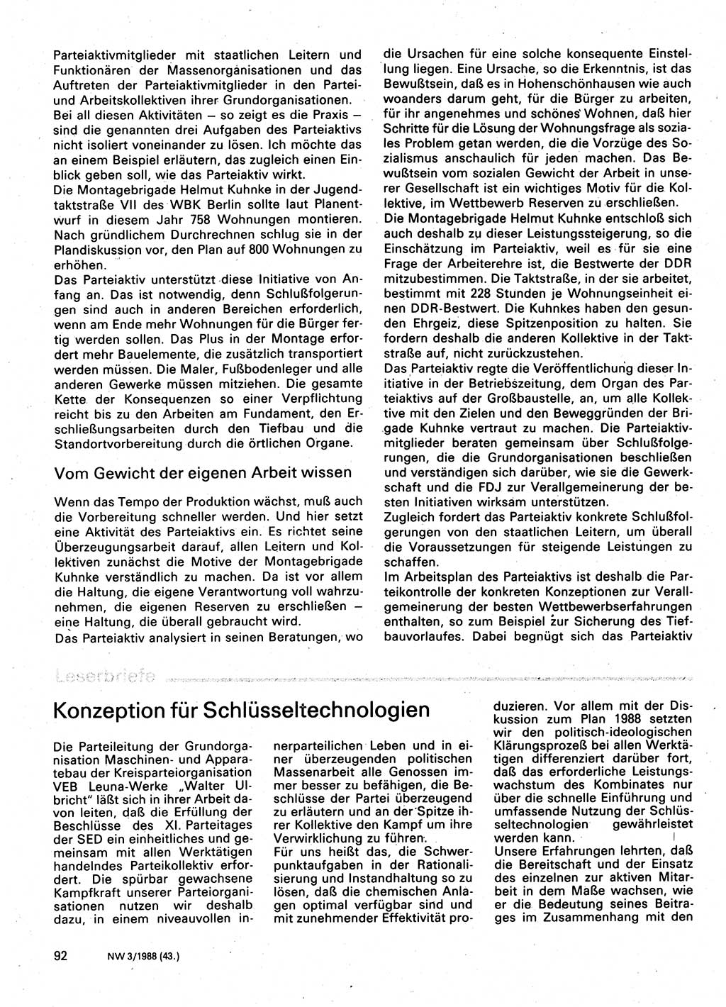 Neuer Weg (NW), Organ des Zentralkomitees (ZK) der SED (Sozialistische Einheitspartei Deutschlands) für Fragen des Parteilebens, 43. Jahrgang [Deutsche Demokratische Republik (DDR)] 1988, Seite 92 (NW ZK SED DDR 1988, S. 92)