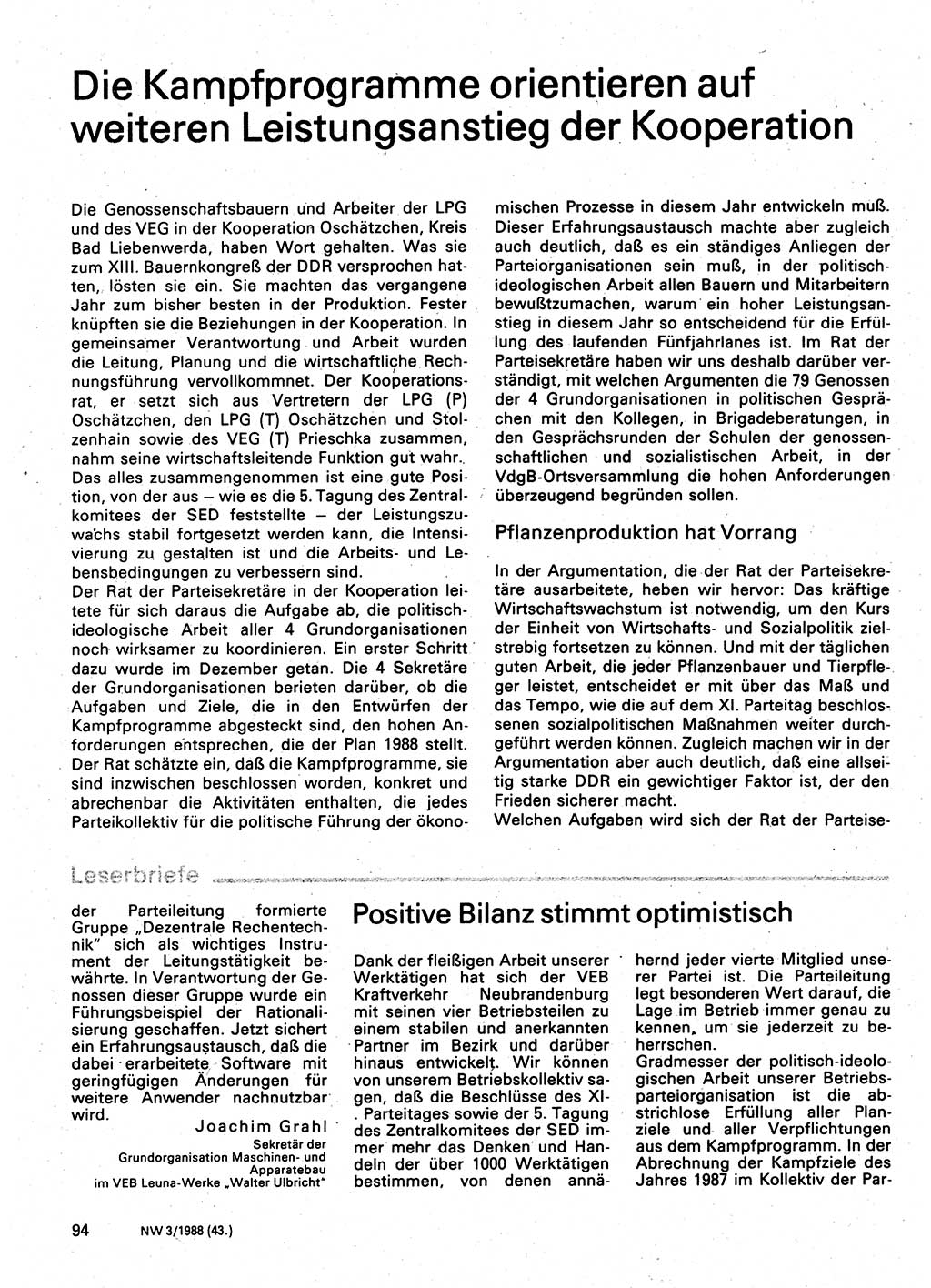 Neuer Weg (NW), Organ des Zentralkomitees (ZK) der SED (Sozialistische Einheitspartei Deutschlands) für Fragen des Parteilebens, 43. Jahrgang [Deutsche Demokratische Republik (DDR)] 1988, Seite 94 (NW ZK SED DDR 1988, S. 94)