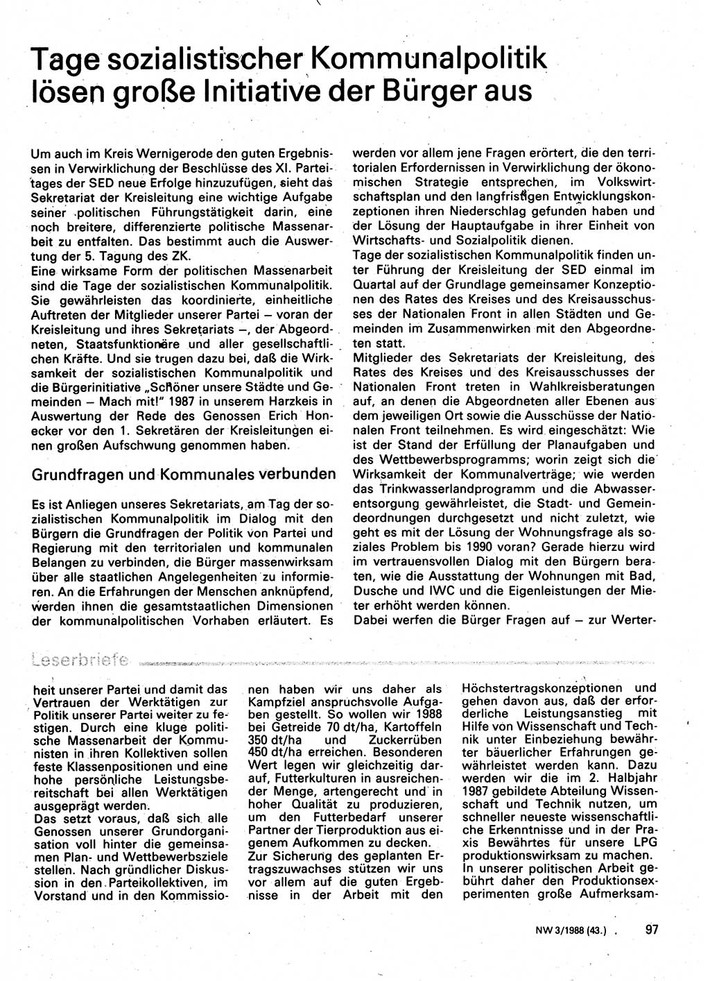 Neuer Weg (NW), Organ des Zentralkomitees (ZK) der SED (Sozialistische Einheitspartei Deutschlands) für Fragen des Parteilebens, 43. Jahrgang [Deutsche Demokratische Republik (DDR)] 1988, Seite 97 (NW ZK SED DDR 1988, S. 97)