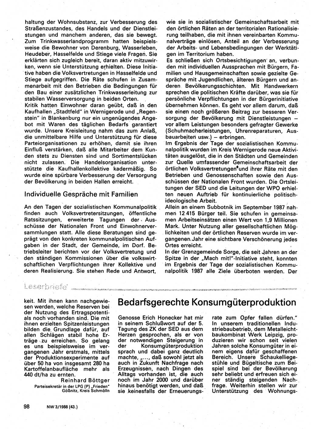 Neuer Weg (NW), Organ des Zentralkomitees (ZK) der SED (Sozialistische Einheitspartei Deutschlands) für Fragen des Parteilebens, 43. Jahrgang [Deutsche Demokratische Republik (DDR)] 1988, Seite 98 (NW ZK SED DDR 1988, S. 98)
