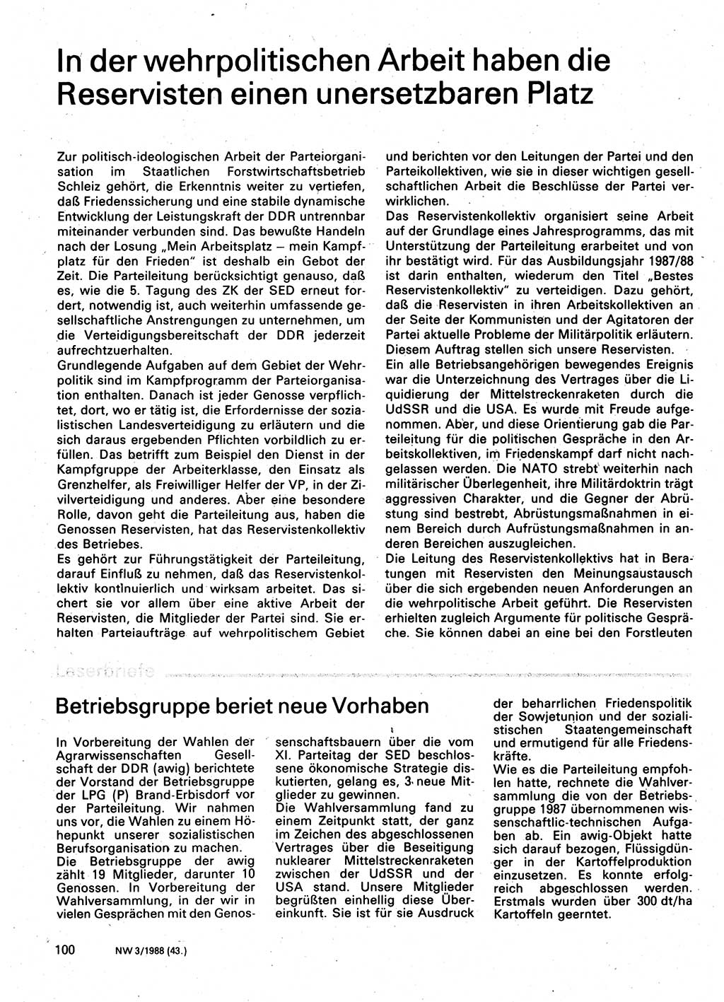 Neuer Weg (NW), Organ des Zentralkomitees (ZK) der SED (Sozialistische Einheitspartei Deutschlands) für Fragen des Parteilebens, 43. Jahrgang [Deutsche Demokratische Republik (DDR)] 1988, Seite 100 (NW ZK SED DDR 1988, S. 100)