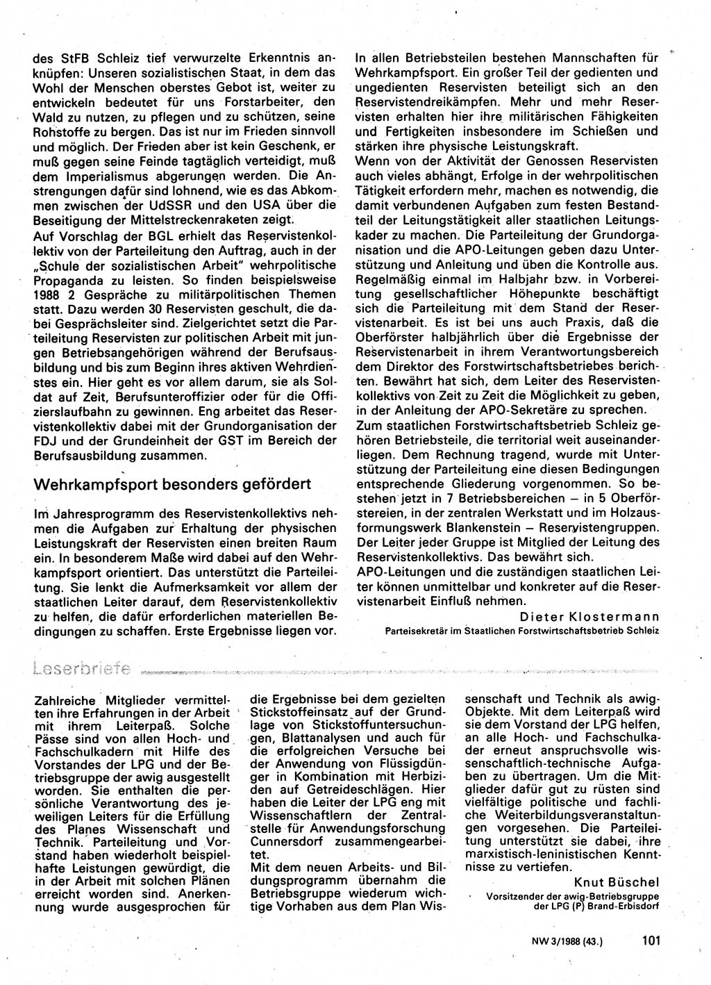 Neuer Weg (NW), Organ des Zentralkomitees (ZK) der SED (Sozialistische Einheitspartei Deutschlands) für Fragen des Parteilebens, 43. Jahrgang [Deutsche Demokratische Republik (DDR)] 1988, Seite 101 (NW ZK SED DDR 1988, S. 101)