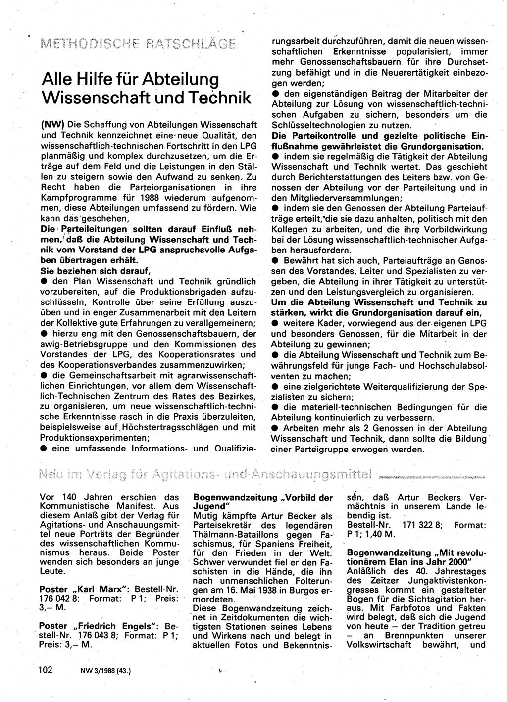 Neuer Weg (NW), Organ des Zentralkomitees (ZK) der SED (Sozialistische Einheitspartei Deutschlands) für Fragen des Parteilebens, 43. Jahrgang [Deutsche Demokratische Republik (DDR)] 1988, Seite 102 (NW ZK SED DDR 1988, S. 102)