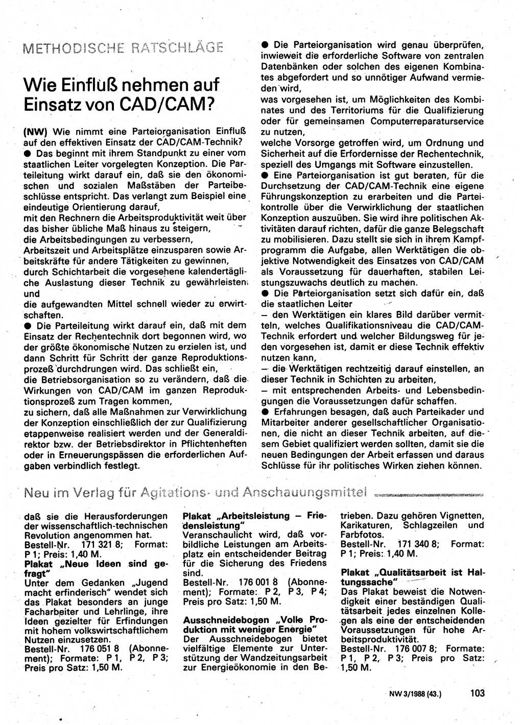 Neuer Weg (NW), Organ des Zentralkomitees (ZK) der SED (Sozialistische Einheitspartei Deutschlands) für Fragen des Parteilebens, 43. Jahrgang [Deutsche Demokratische Republik (DDR)] 1988, Seite 103 (NW ZK SED DDR 1988, S. 103)