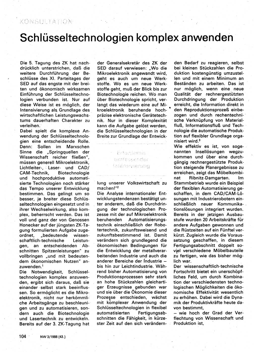 Neuer Weg (NW), Organ des Zentralkomitees (ZK) der SED (Sozialistische Einheitspartei Deutschlands) für Fragen des Parteilebens, 43. Jahrgang [Deutsche Demokratische Republik (DDR)] 1988, Seite 104 (NW ZK SED DDR 1988, S. 104)