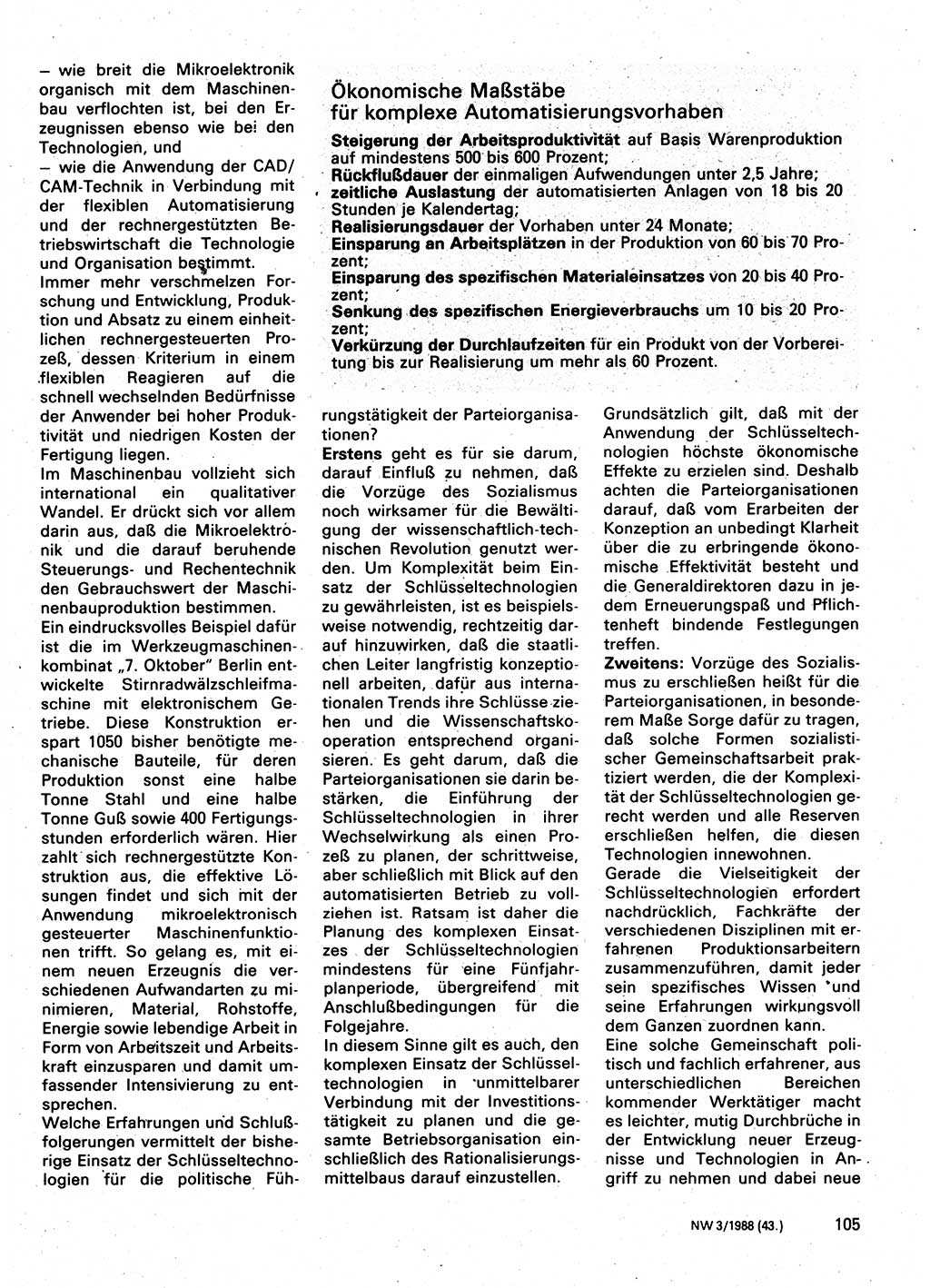 Neuer Weg (NW), Organ des Zentralkomitees (ZK) der SED (Sozialistische Einheitspartei Deutschlands) für Fragen des Parteilebens, 43. Jahrgang [Deutsche Demokratische Republik (DDR)] 1988, Seite 105 (NW ZK SED DDR 1988, S. 105)