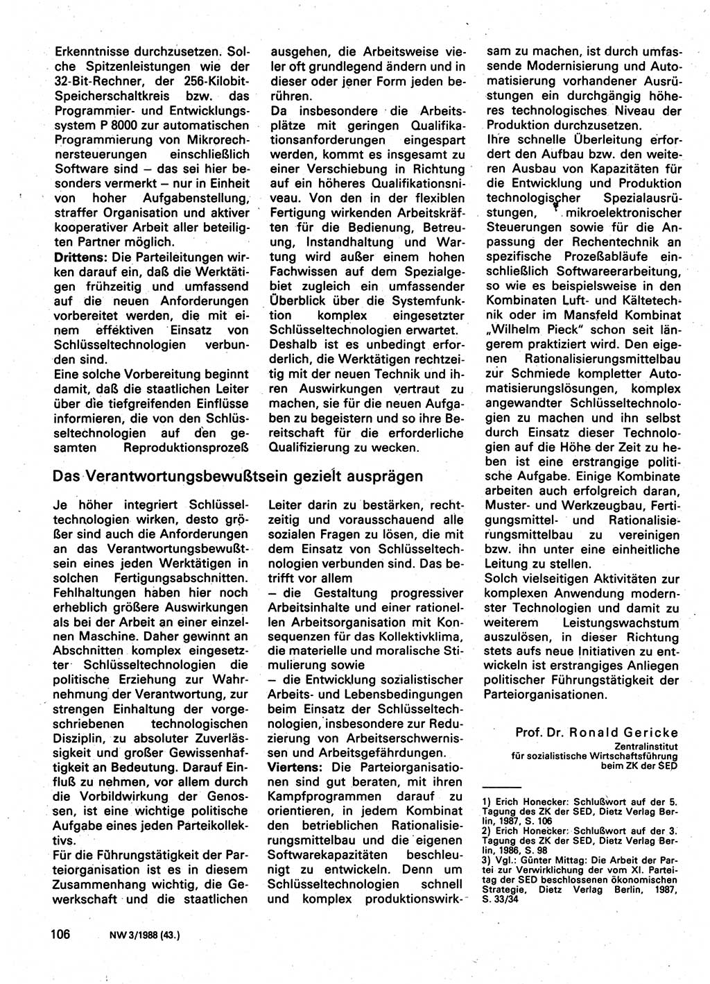Neuer Weg (NW), Organ des Zentralkomitees (ZK) der SED (Sozialistische Einheitspartei Deutschlands) für Fragen des Parteilebens, 43. Jahrgang [Deutsche Demokratische Republik (DDR)] 1988, Seite 106 (NW ZK SED DDR 1988, S. 106)