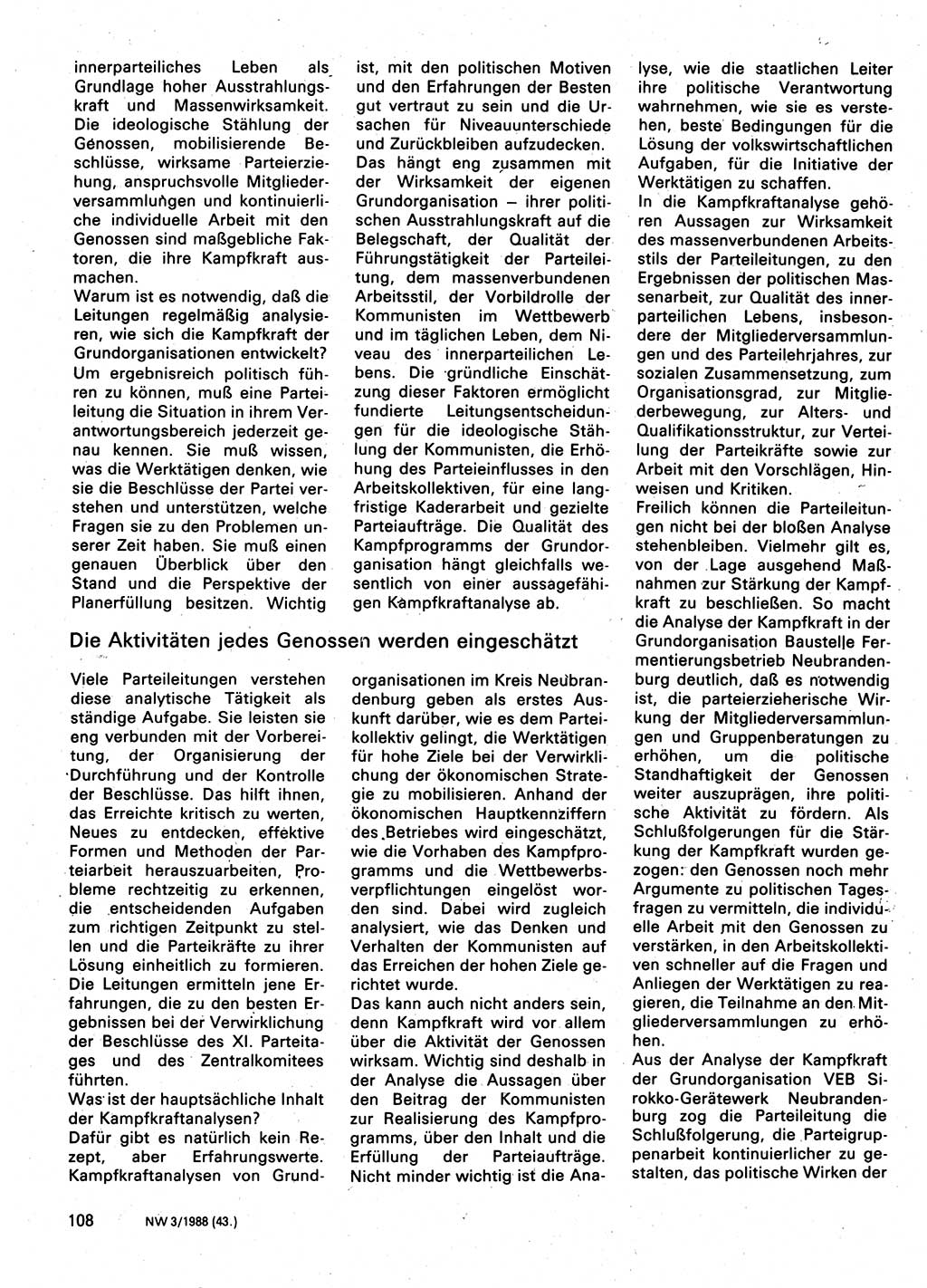 Neuer Weg (NW), Organ des Zentralkomitees (ZK) der SED (Sozialistische Einheitspartei Deutschlands) für Fragen des Parteilebens, 43. Jahrgang [Deutsche Demokratische Republik (DDR)] 1988, Seite 108 (NW ZK SED DDR 1988, S. 108)