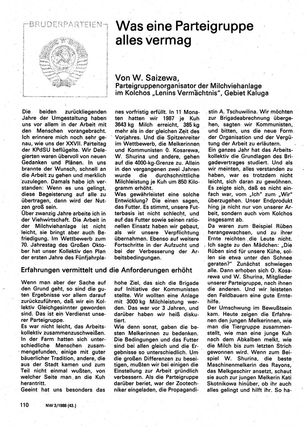 Neuer Weg (NW), Organ des Zentralkomitees (ZK) der SED (Sozialistische Einheitspartei Deutschlands) für Fragen des Parteilebens, 43. Jahrgang [Deutsche Demokratische Republik (DDR)] 1988, Seite 110 (NW ZK SED DDR 1988, S. 110)