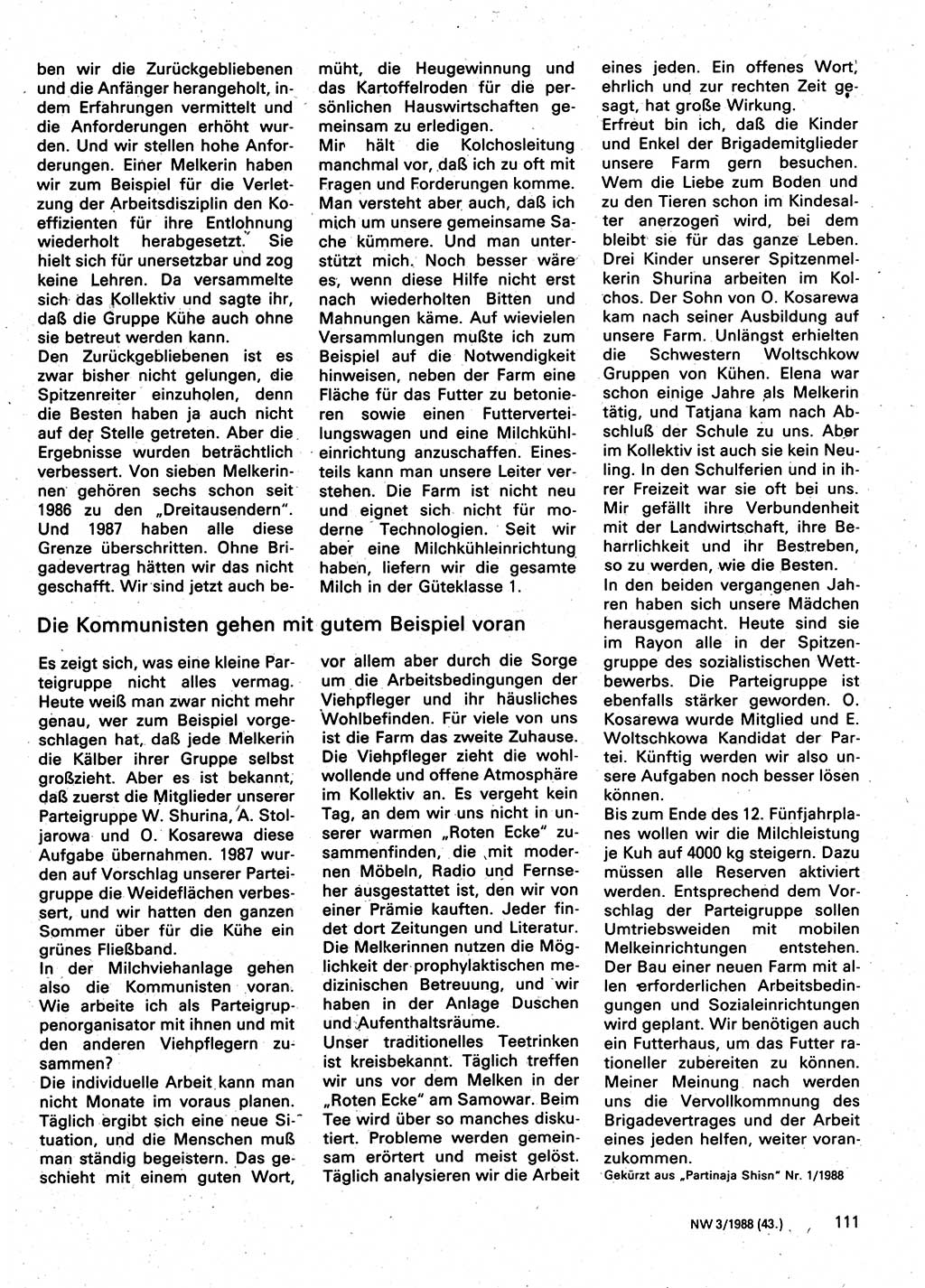 Neuer Weg (NW), Organ des Zentralkomitees (ZK) der SED (Sozialistische Einheitspartei Deutschlands) für Fragen des Parteilebens, 43. Jahrgang [Deutsche Demokratische Republik (DDR)] 1988, Seite 111 (NW ZK SED DDR 1988, S. 111)