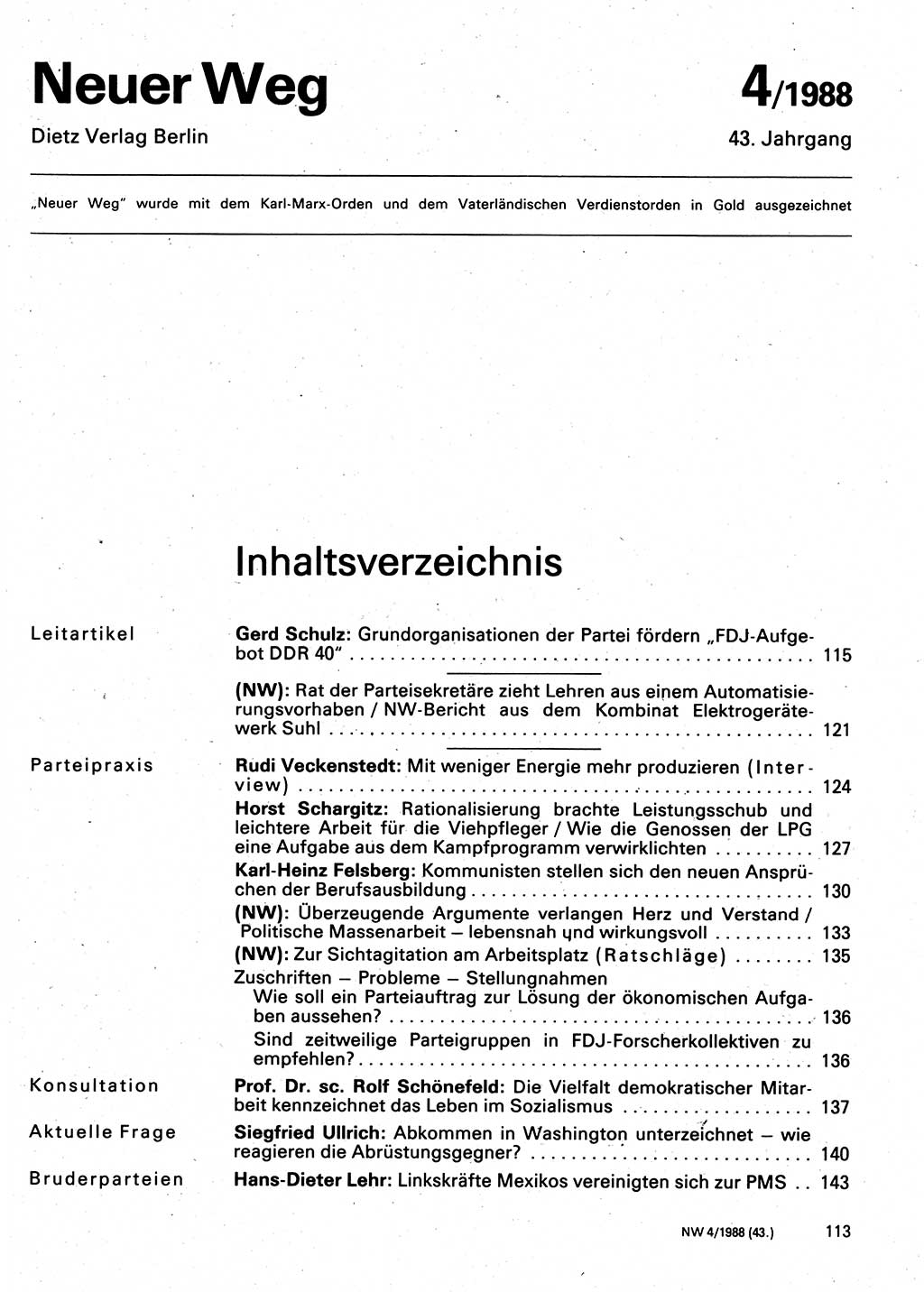 Neuer Weg (NW), Organ des Zentralkomitees (ZK) der SED (Sozialistische Einheitspartei Deutschlands) für Fragen des Parteilebens, 43. Jahrgang [Deutsche Demokratische Republik (DDR)] 1988, Seite 113 (NW ZK SED DDR 1988, S. 113)