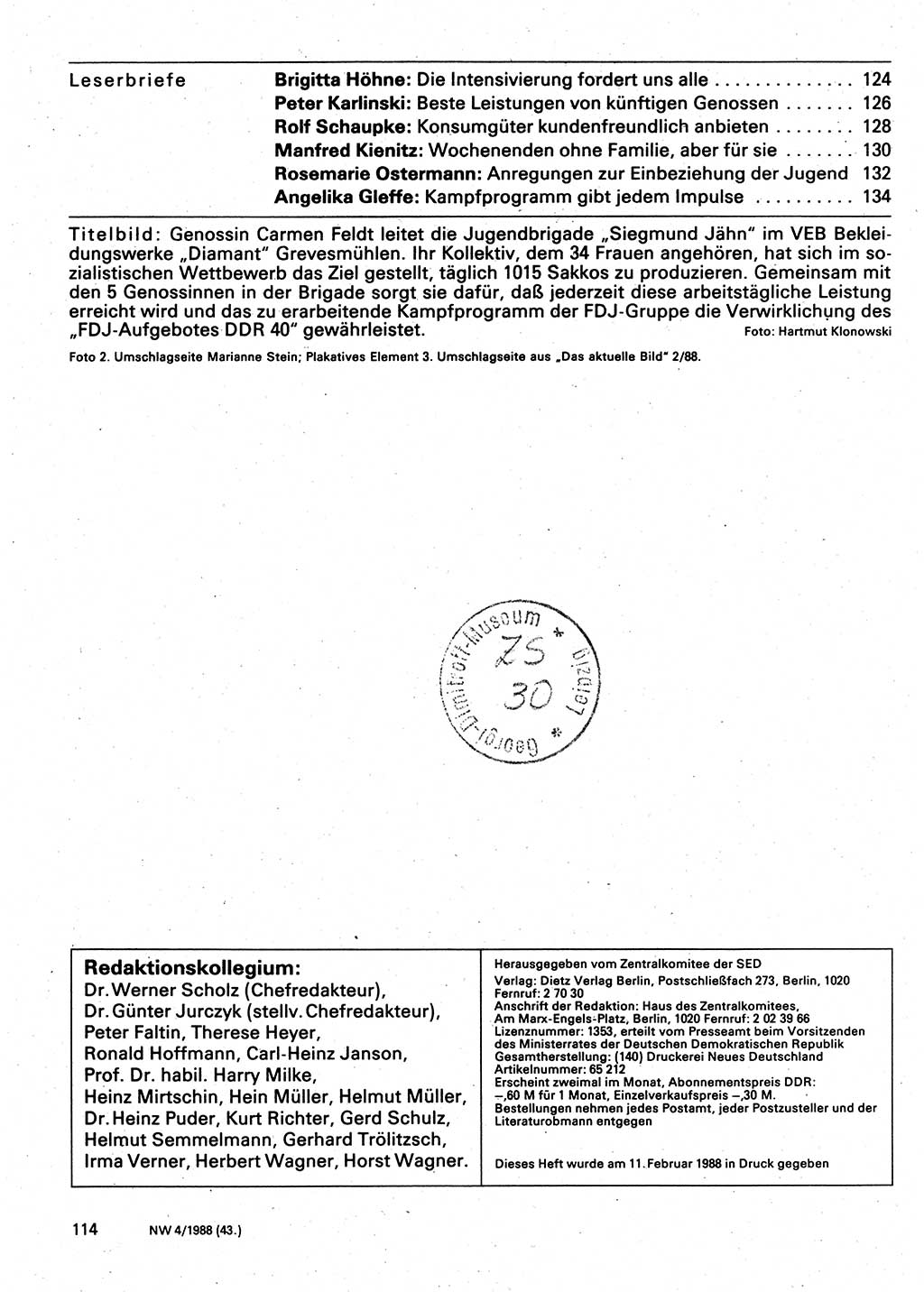 Neuer Weg (NW), Organ des Zentralkomitees (ZK) der SED (Sozialistische Einheitspartei Deutschlands) für Fragen des Parteilebens, 43. Jahrgang [Deutsche Demokratische Republik (DDR)] 1988, Seite 114 (NW ZK SED DDR 1988, S. 114)