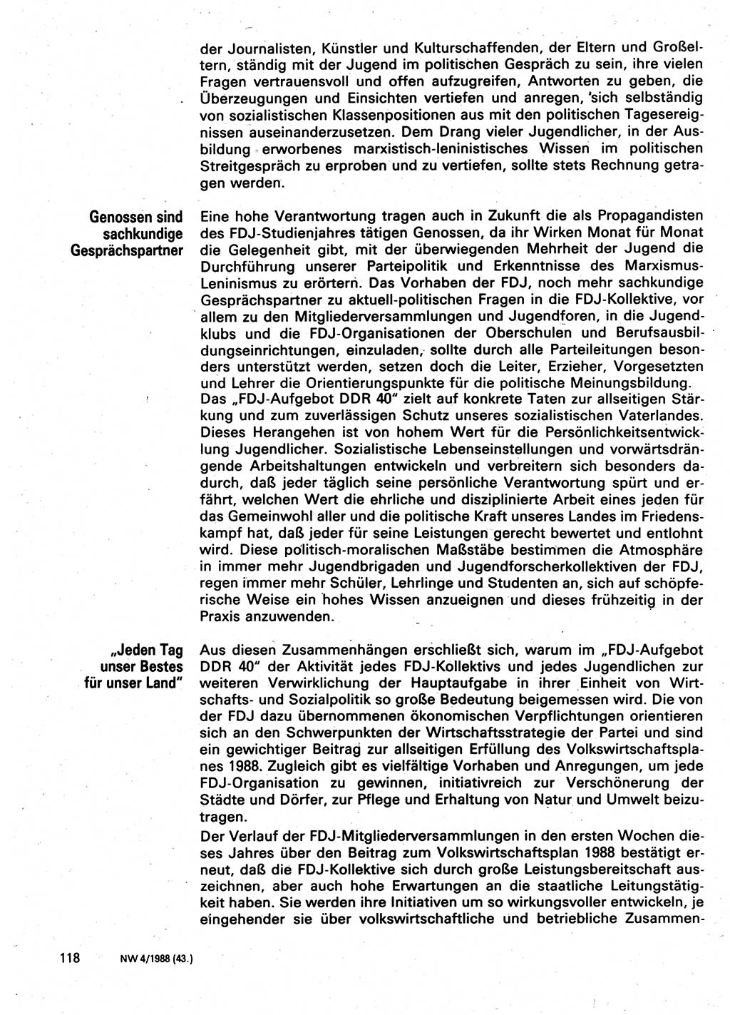 Neuer Weg (NW), Organ des Zentralkomitees (ZK) der SED (Sozialistische Einheitspartei Deutschlands) für Fragen des Parteilebens, 43. Jahrgang [Deutsche Demokratische Republik (DDR)] 1988, Seite 118 (NW ZK SED DDR 1988, S. 118)