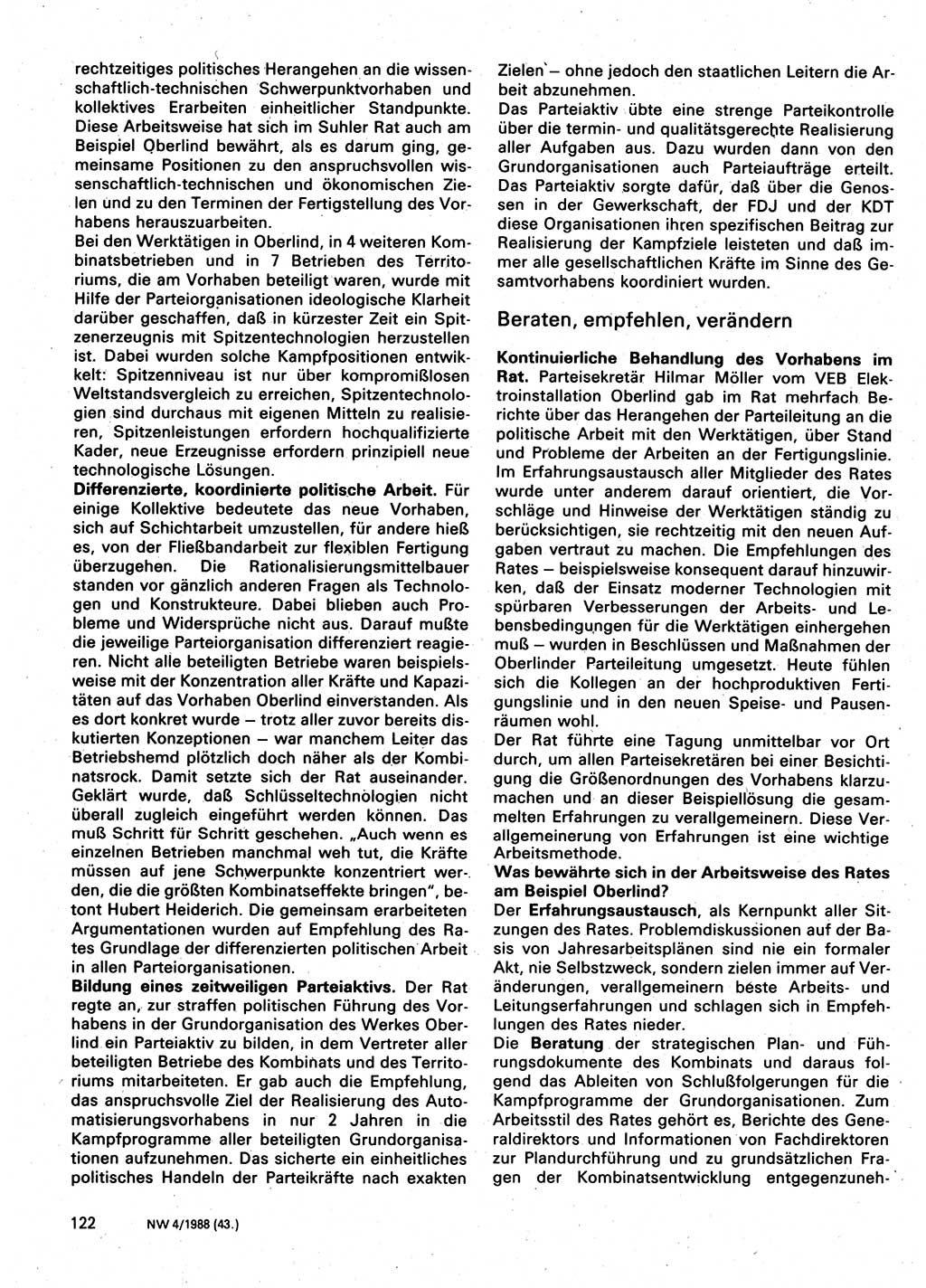 Neuer Weg (NW), Organ des Zentralkomitees (ZK) der SED (Sozialistische Einheitspartei Deutschlands) für Fragen des Parteilebens, 43. Jahrgang [Deutsche Demokratische Republik (DDR)] 1988, Seite 122 (NW ZK SED DDR 1988, S. 122)