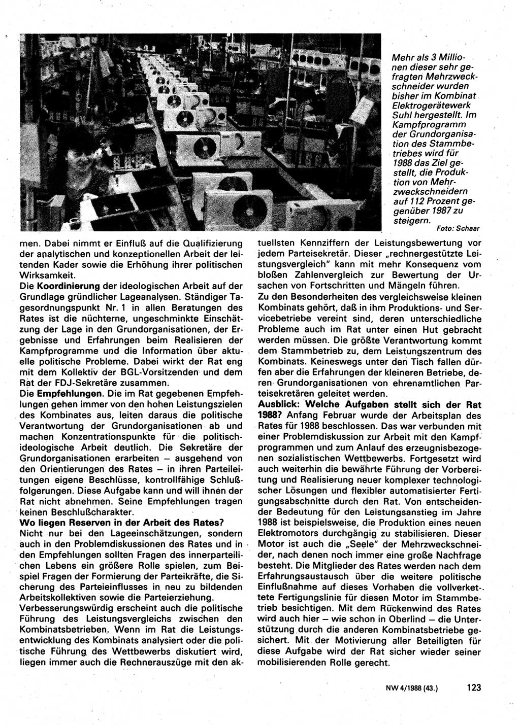 Neuer Weg (NW), Organ des Zentralkomitees (ZK) der SED (Sozialistische Einheitspartei Deutschlands) für Fragen des Parteilebens, 43. Jahrgang [Deutsche Demokratische Republik (DDR)] 1988, Seite 123 (NW ZK SED DDR 1988, S. 123)