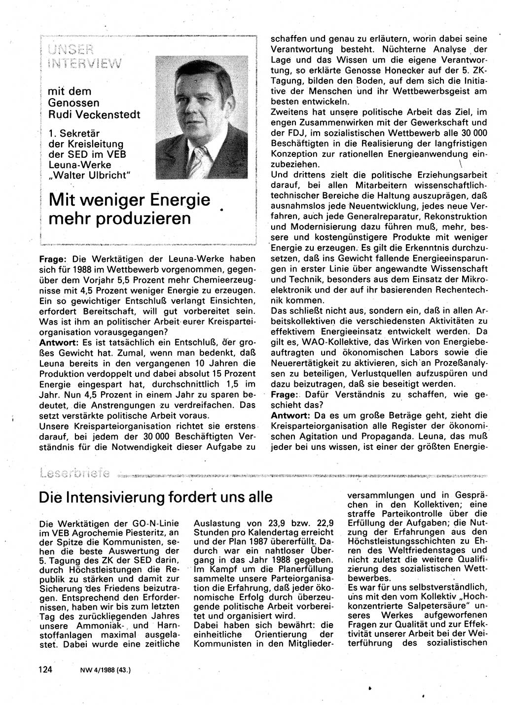 Neuer Weg (NW), Organ des Zentralkomitees (ZK) der SED (Sozialistische Einheitspartei Deutschlands) für Fragen des Parteilebens, 43. Jahrgang [Deutsche Demokratische Republik (DDR)] 1988, Seite 124 (NW ZK SED DDR 1988, S. 124)