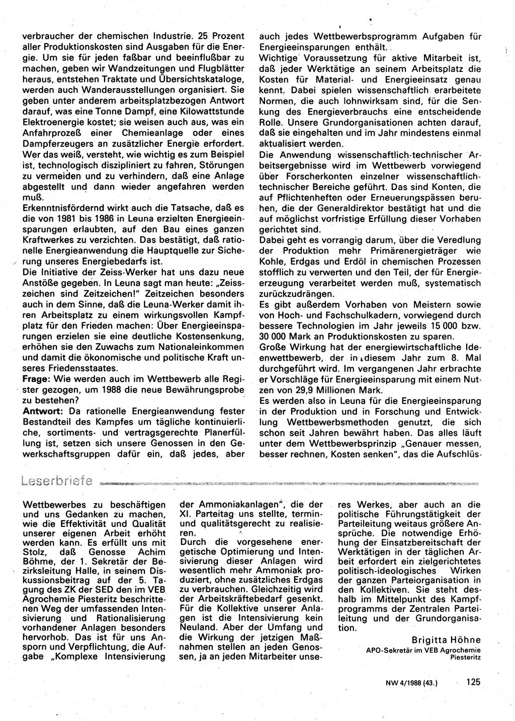 Neuer Weg (NW), Organ des Zentralkomitees (ZK) der SED (Sozialistische Einheitspartei Deutschlands) für Fragen des Parteilebens, 43. Jahrgang [Deutsche Demokratische Republik (DDR)] 1988, Seite 125 (NW ZK SED DDR 1988, S. 125)