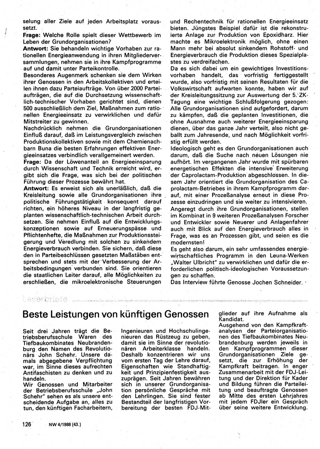 Neuer Weg (NW), Organ des Zentralkomitees (ZK) der SED (Sozialistische Einheitspartei Deutschlands) für Fragen des Parteilebens, 43. Jahrgang [Deutsche Demokratische Republik (DDR)] 1988, Seite 126 (NW ZK SED DDR 1988, S. 126)