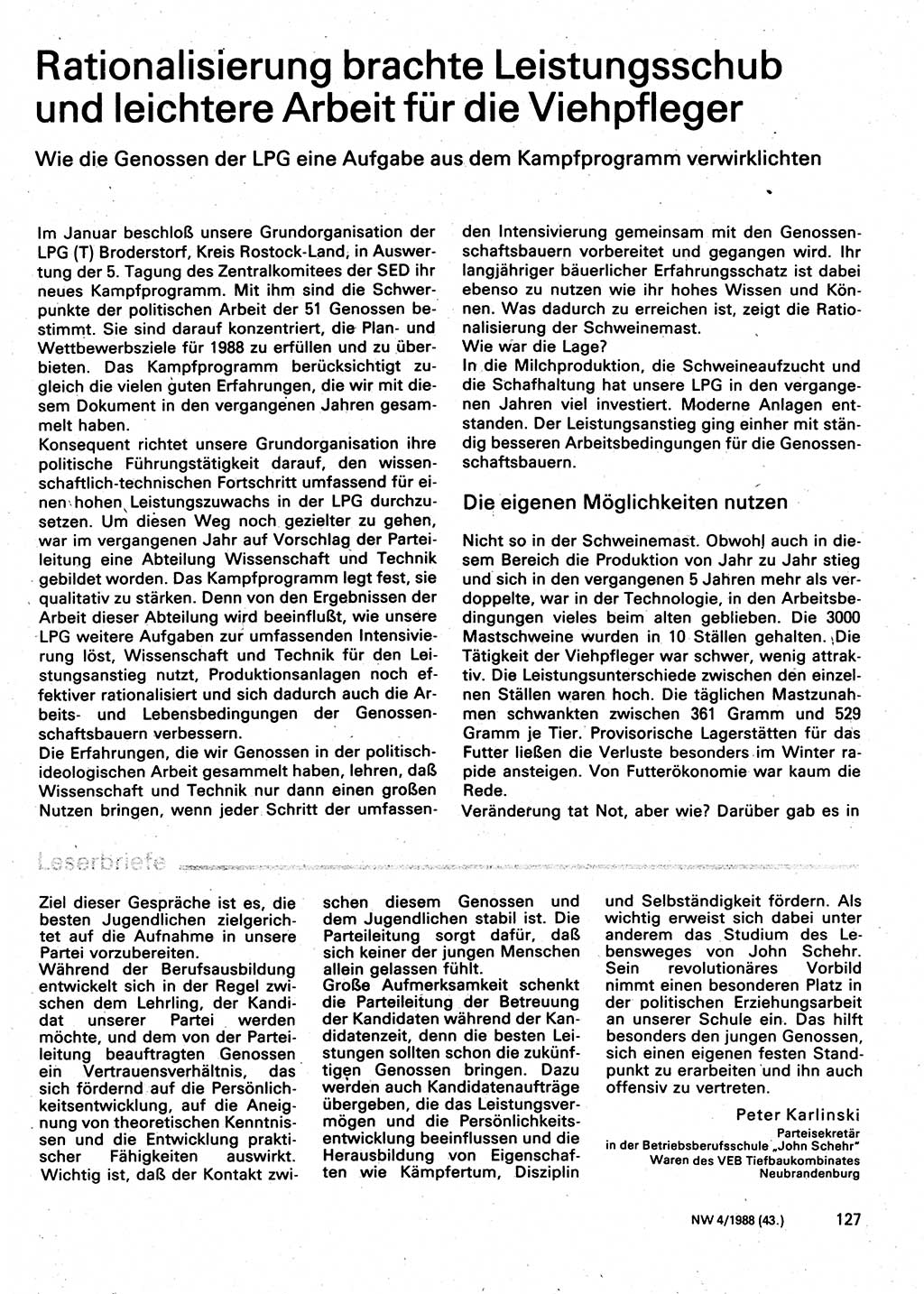 Neuer Weg (NW), Organ des Zentralkomitees (ZK) der SED (Sozialistische Einheitspartei Deutschlands) für Fragen des Parteilebens, 43. Jahrgang [Deutsche Demokratische Republik (DDR)] 1988, Seite 127 (NW ZK SED DDR 1988, S. 127)