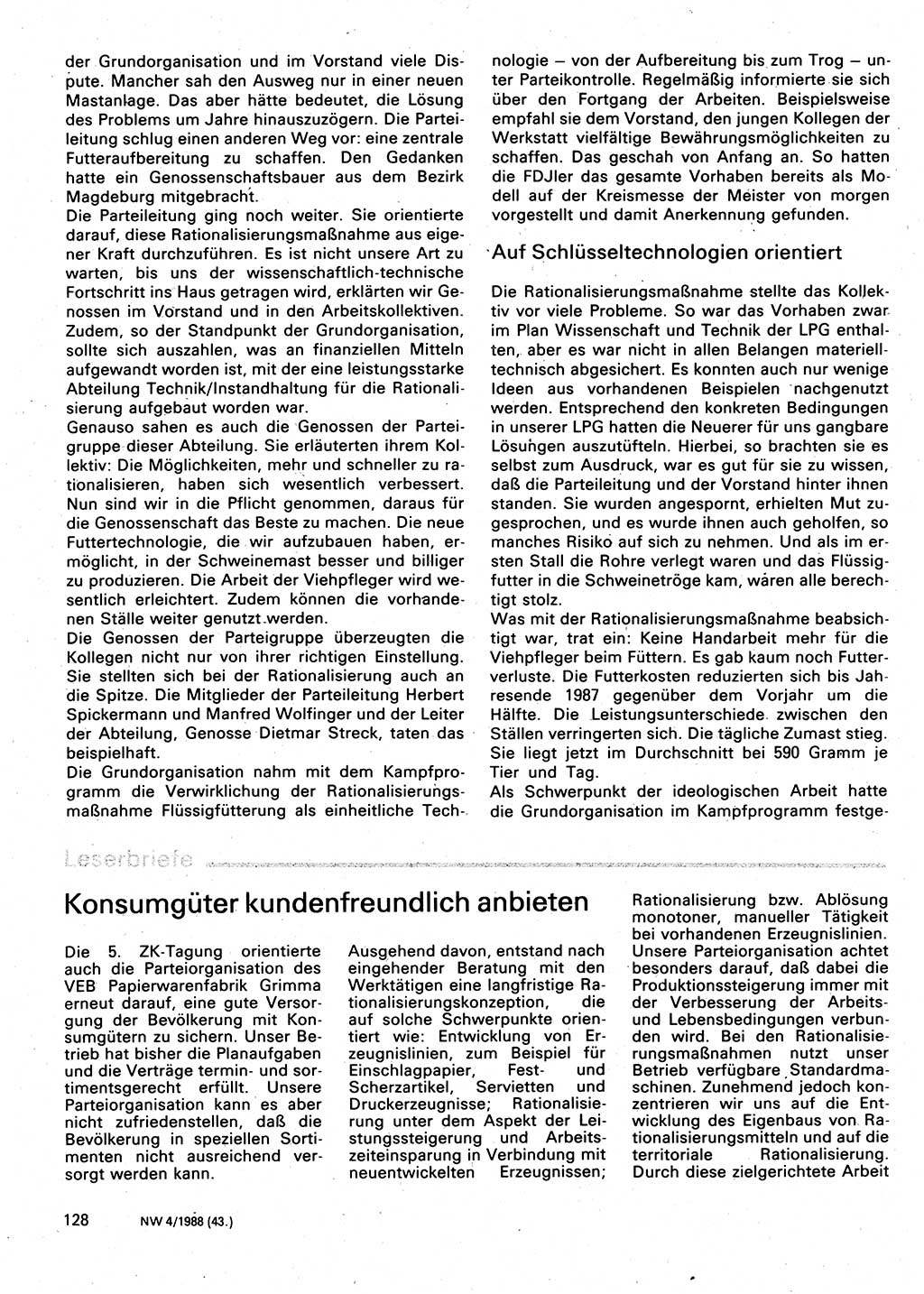 Neuer Weg (NW), Organ des Zentralkomitees (ZK) der SED (Sozialistische Einheitspartei Deutschlands) für Fragen des Parteilebens, 43. Jahrgang [Deutsche Demokratische Republik (DDR)] 1988, Seite 128 (NW ZK SED DDR 1988, S. 128)