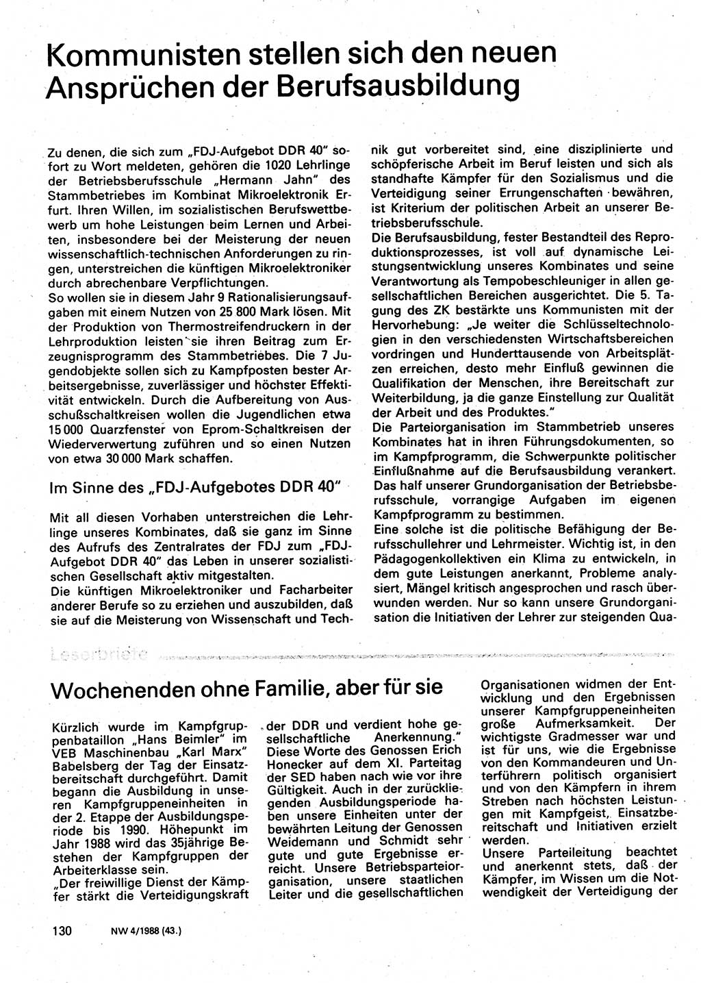 Neuer Weg (NW), Organ des Zentralkomitees (ZK) der SED (Sozialistische Einheitspartei Deutschlands) für Fragen des Parteilebens, 43. Jahrgang [Deutsche Demokratische Republik (DDR)] 1988, Seite 130 (NW ZK SED DDR 1988, S. 130)