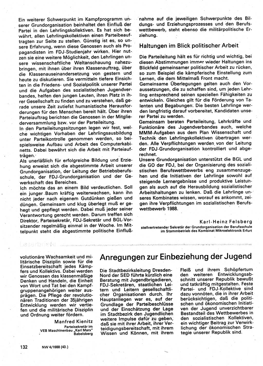 Neuer Weg (NW), Organ des Zentralkomitees (ZK) der SED (Sozialistische Einheitspartei Deutschlands) für Fragen des Parteilebens, 43. Jahrgang [Deutsche Demokratische Republik (DDR)] 1988, Seite 132 (NW ZK SED DDR 1988, S. 132)