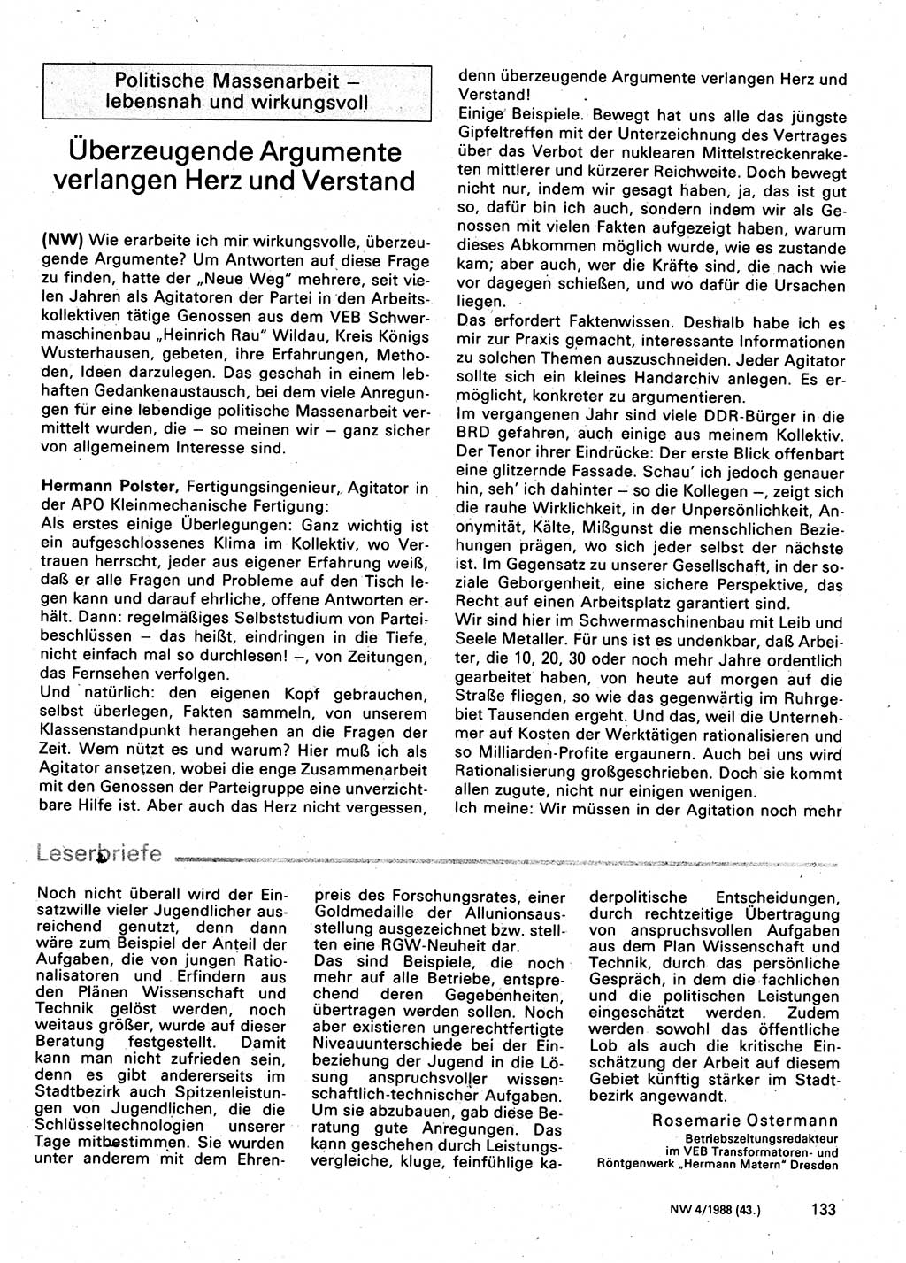 Neuer Weg (NW), Organ des Zentralkomitees (ZK) der SED (Sozialistische Einheitspartei Deutschlands) für Fragen des Parteilebens, 43. Jahrgang [Deutsche Demokratische Republik (DDR)] 1988, Seite 133 (NW ZK SED DDR 1988, S. 133)
