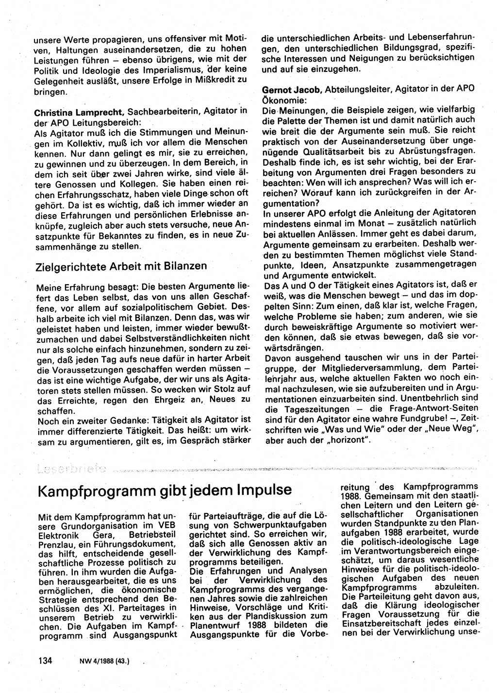 Neuer Weg (NW), Organ des Zentralkomitees (ZK) der SED (Sozialistische Einheitspartei Deutschlands) für Fragen des Parteilebens, 43. Jahrgang [Deutsche Demokratische Republik (DDR)] 1988, Seite 134 (NW ZK SED DDR 1988, S. 134)