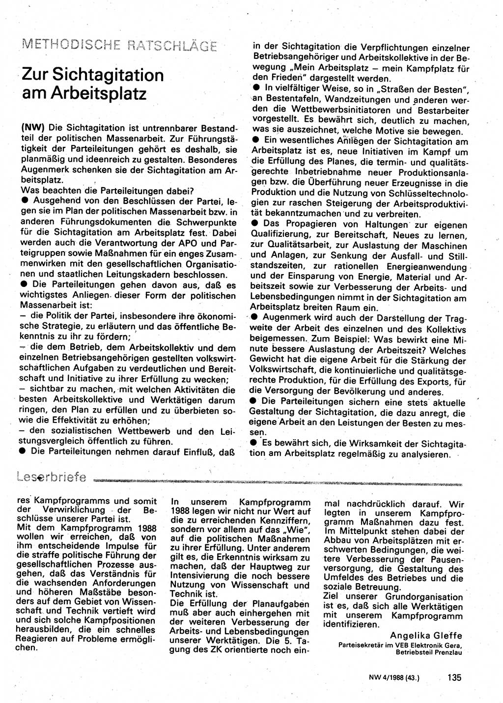 Neuer Weg (NW), Organ des Zentralkomitees (ZK) der SED (Sozialistische Einheitspartei Deutschlands) für Fragen des Parteilebens, 43. Jahrgang [Deutsche Demokratische Republik (DDR)] 1988, Seite 135 (NW ZK SED DDR 1988, S. 135)