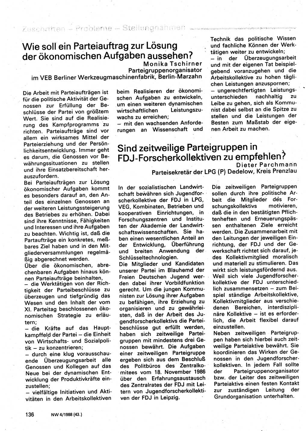 Neuer Weg (NW), Organ des Zentralkomitees (ZK) der SED (Sozialistische Einheitspartei Deutschlands) für Fragen des Parteilebens, 43. Jahrgang [Deutsche Demokratische Republik (DDR)] 1988, Seite 136 (NW ZK SED DDR 1988, S. 136)