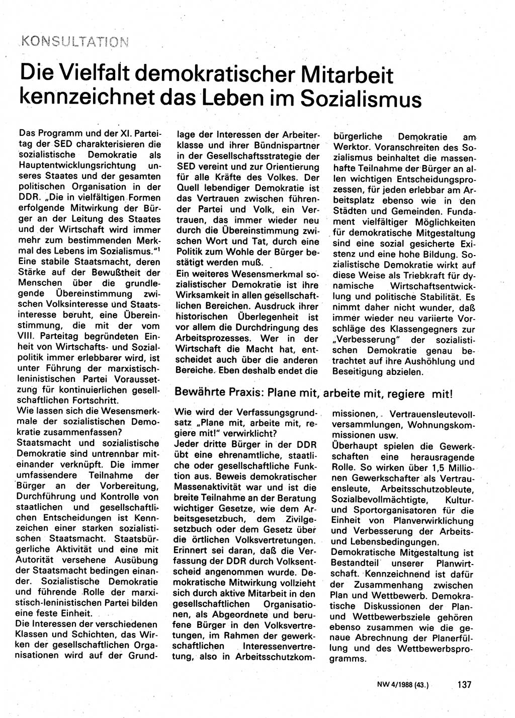 Neuer Weg (NW), Organ des Zentralkomitees (ZK) der SED (Sozialistische Einheitspartei Deutschlands) für Fragen des Parteilebens, 43. Jahrgang [Deutsche Demokratische Republik (DDR)] 1988, Seite 137 (NW ZK SED DDR 1988, S. 137)