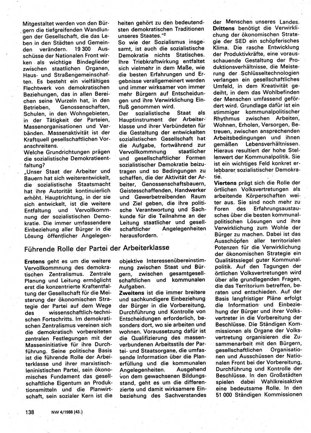 Neuer Weg (NW), Organ des Zentralkomitees (ZK) der SED (Sozialistische Einheitspartei Deutschlands) für Fragen des Parteilebens, 43. Jahrgang [Deutsche Demokratische Republik (DDR)] 1988, Seite 138 (NW ZK SED DDR 1988, S. 138)