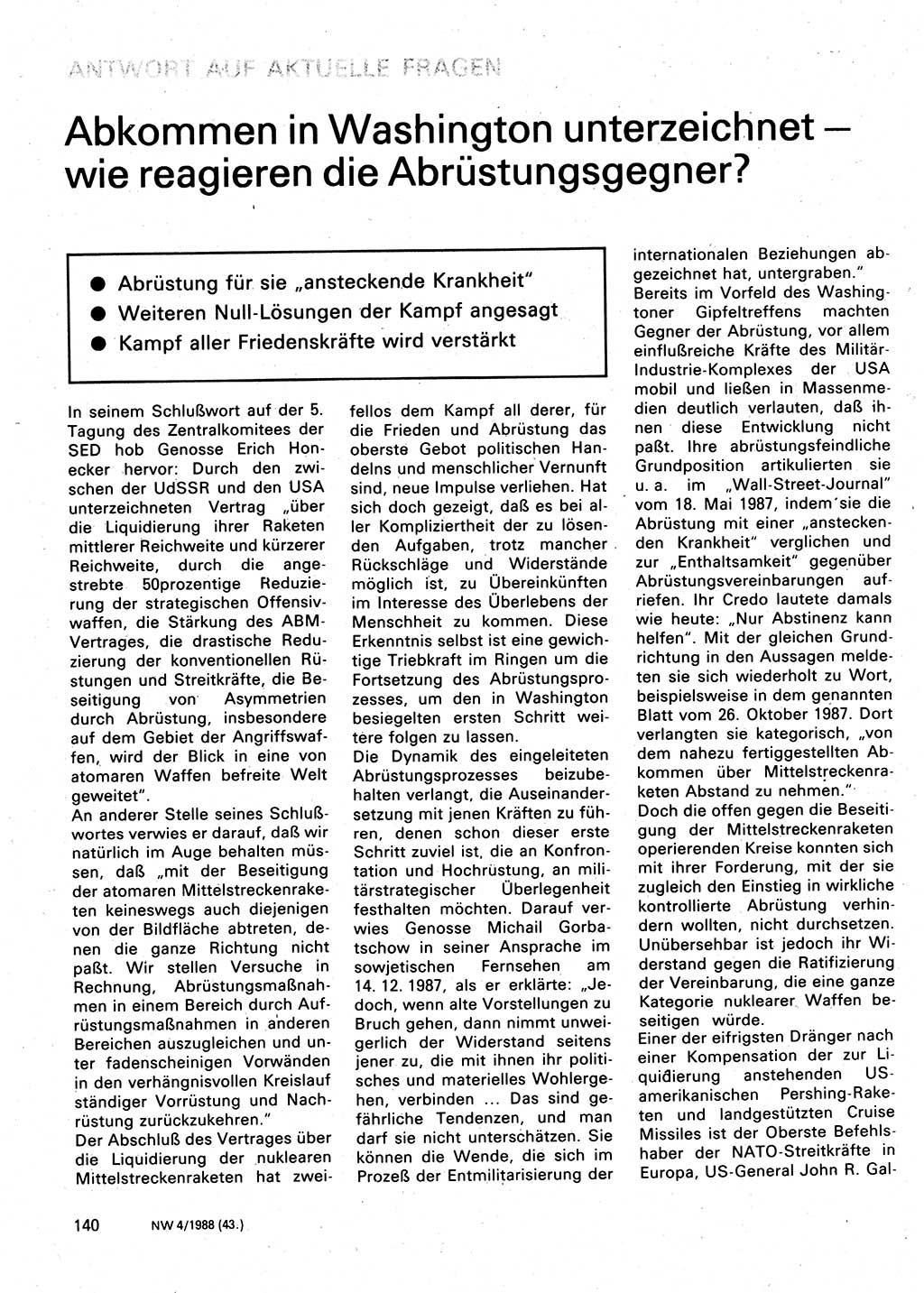 Neuer Weg (NW), Organ des Zentralkomitees (ZK) der SED (Sozialistische Einheitspartei Deutschlands) für Fragen des Parteilebens, 43. Jahrgang [Deutsche Demokratische Republik (DDR)] 1988, Seite 140 (NW ZK SED DDR 1988, S. 140)